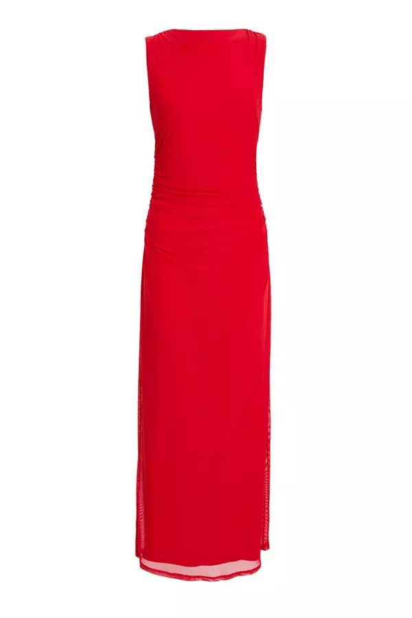 Red Mesh Ruched Boydcon Midaxi Dress