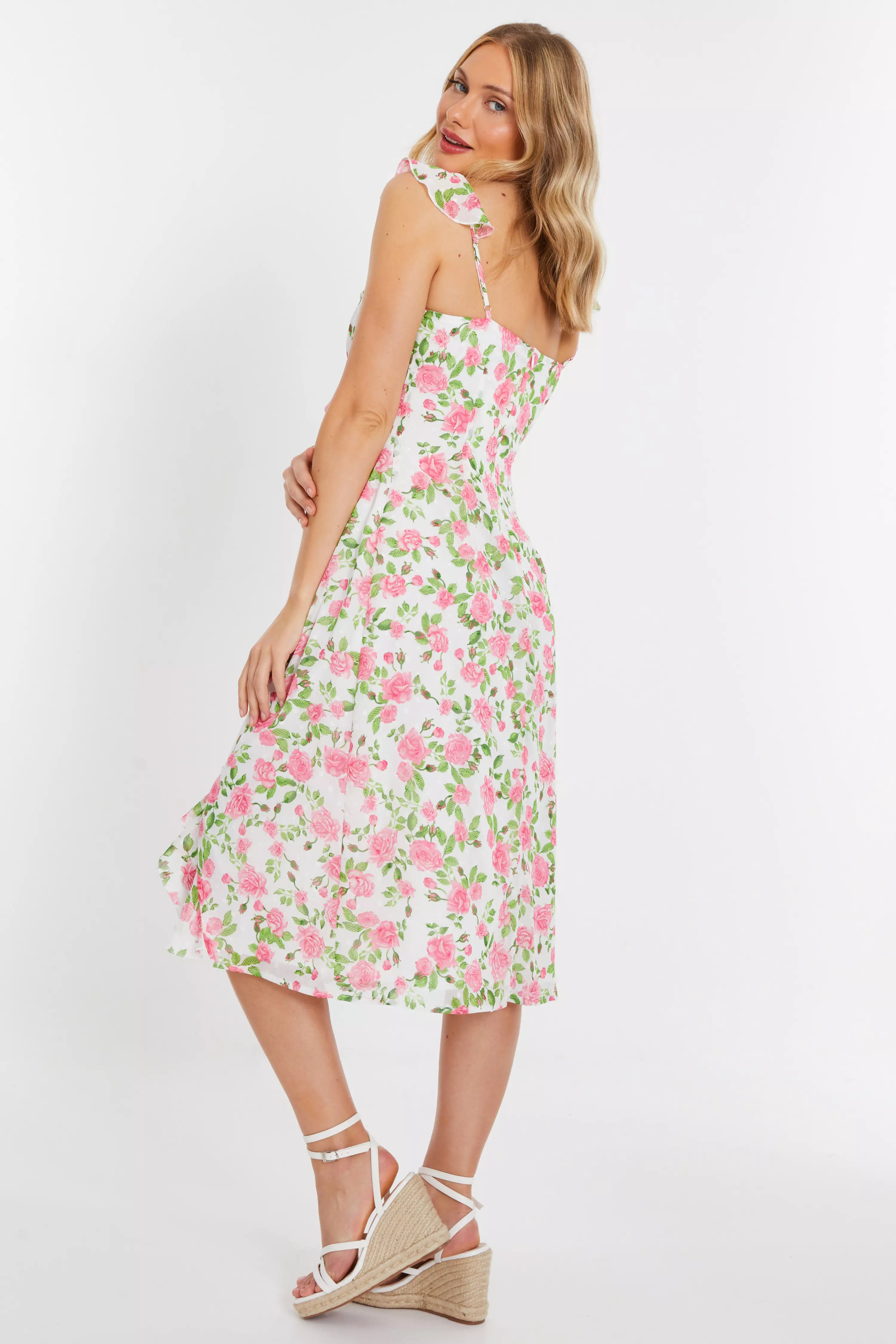 Pink Chiffon Floral Ruffle Wrap Midi Dress