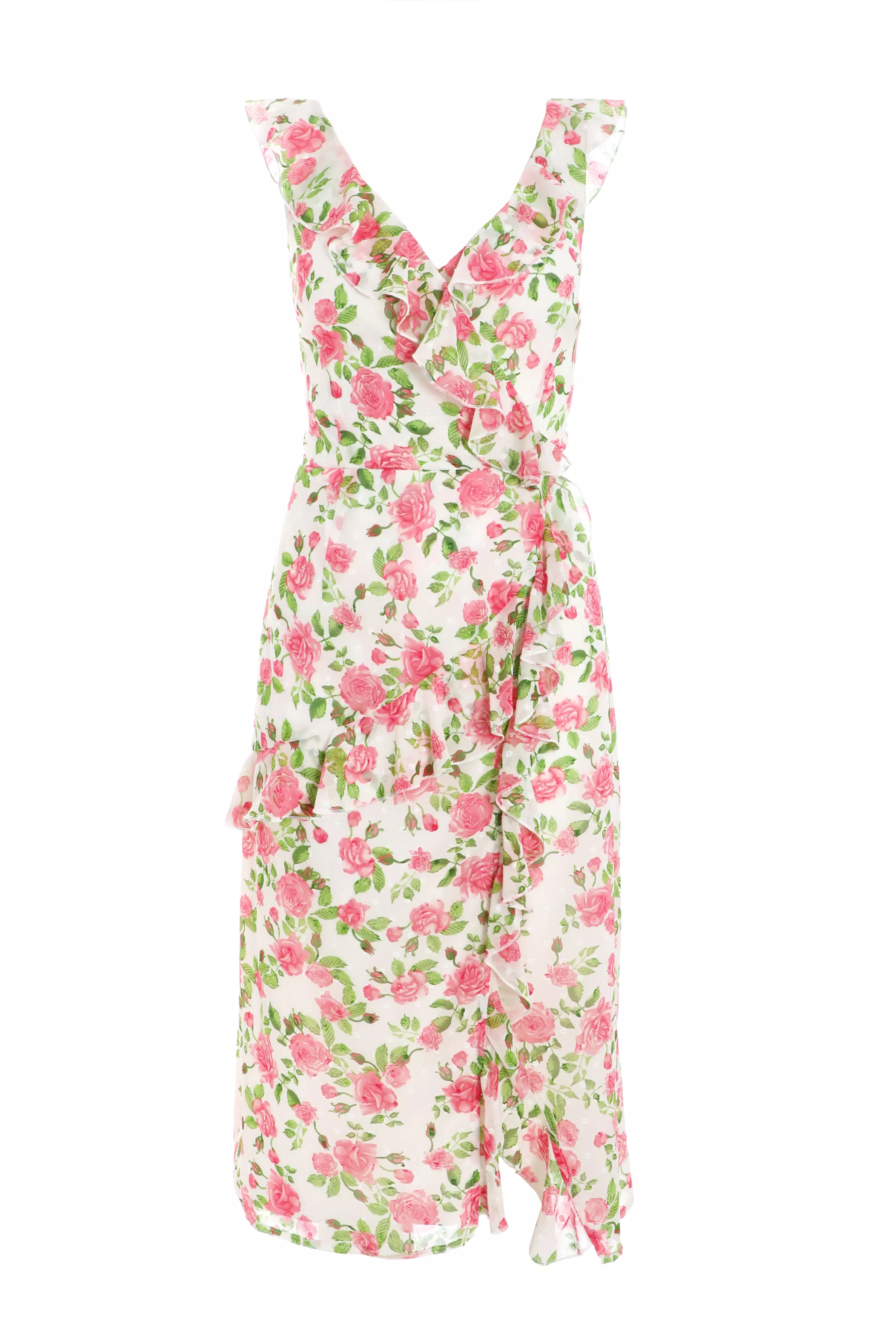 Pink Chiffon Floral Ruffle Wrap Midi Dress