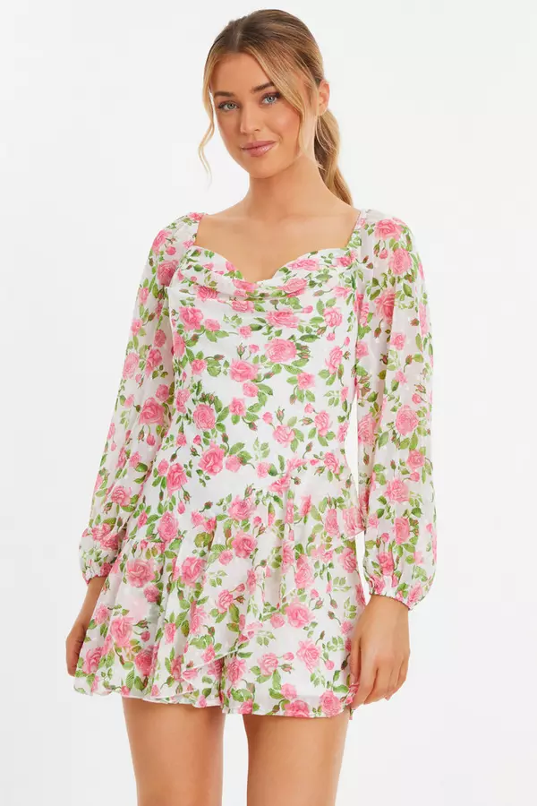 Pink Floral Chiffon Playsuit