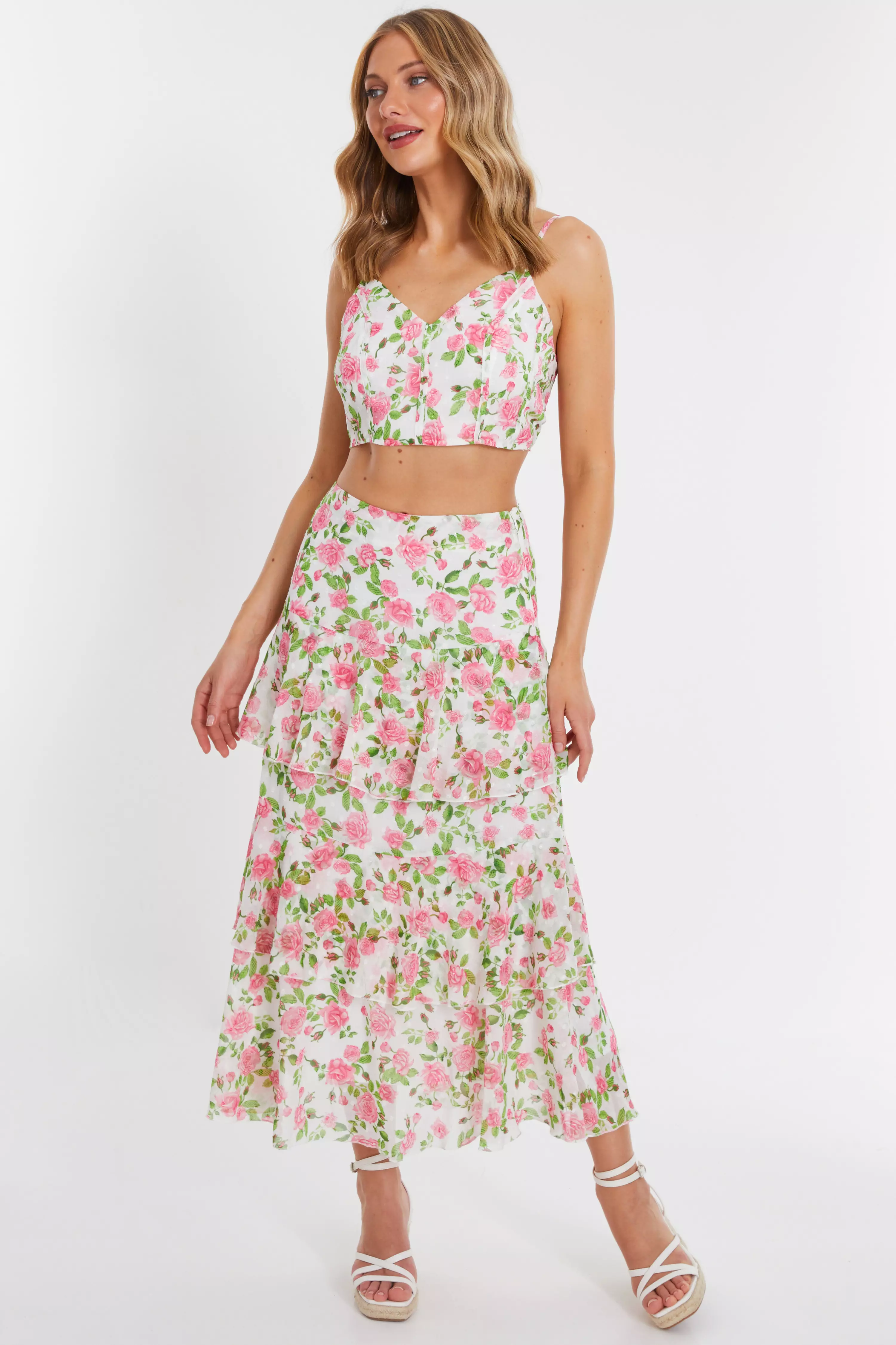 White Floral Tiered Skirt