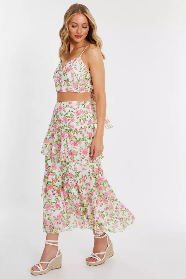 White Floral Chiffon Tiered Midaxi Skirt