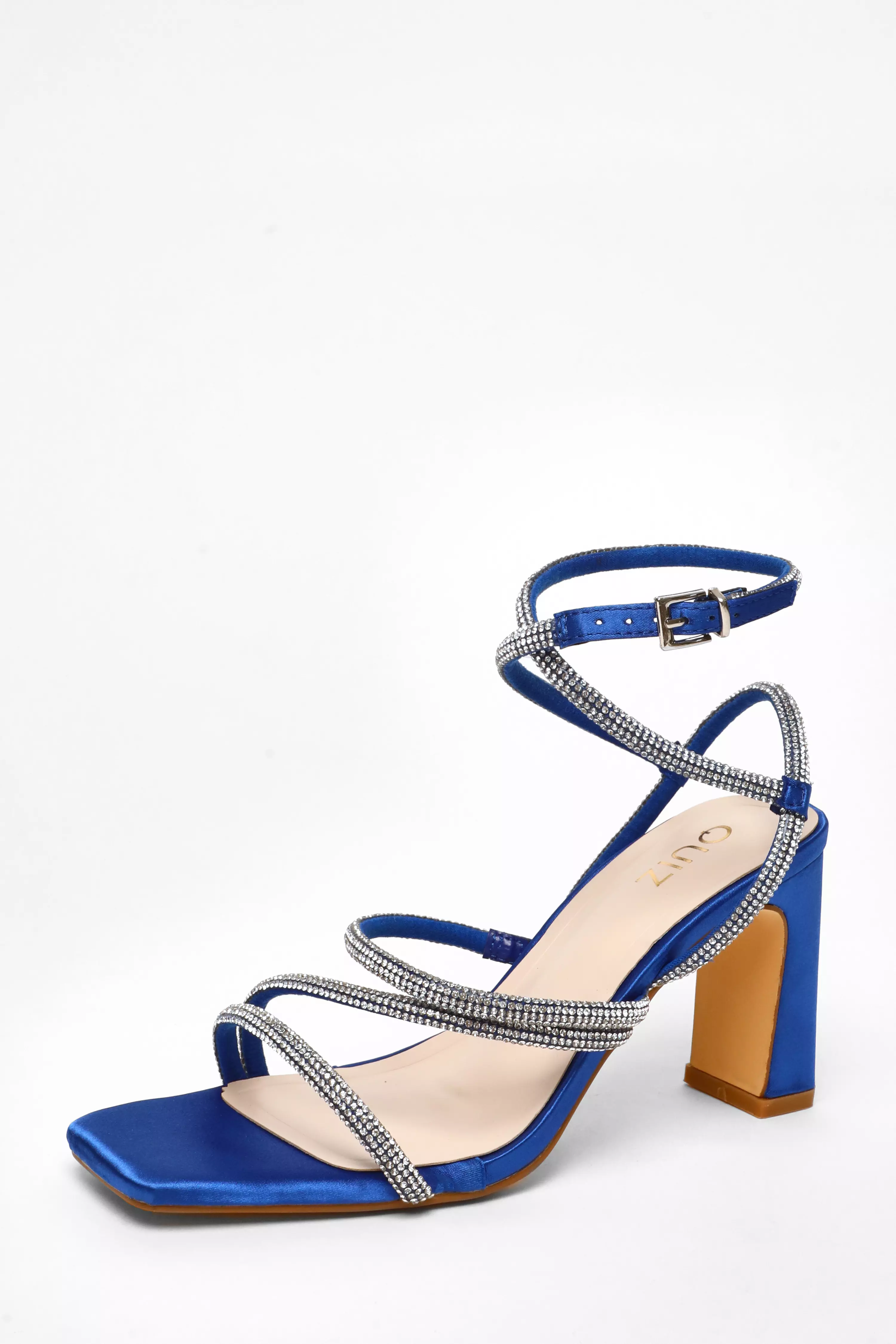 Royal Blue Diamante Strappy Block Heeled Sandals