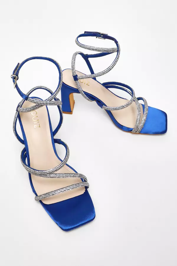 Royal Blue Diamante Strappy Block Heeled Sandals