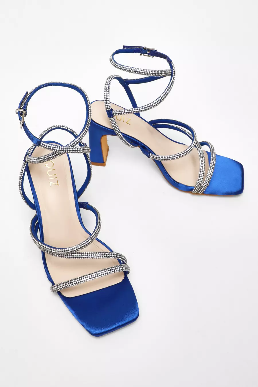 Royal Blue Diamante Strappy Block Heeled Sandals QUIZ Clothing