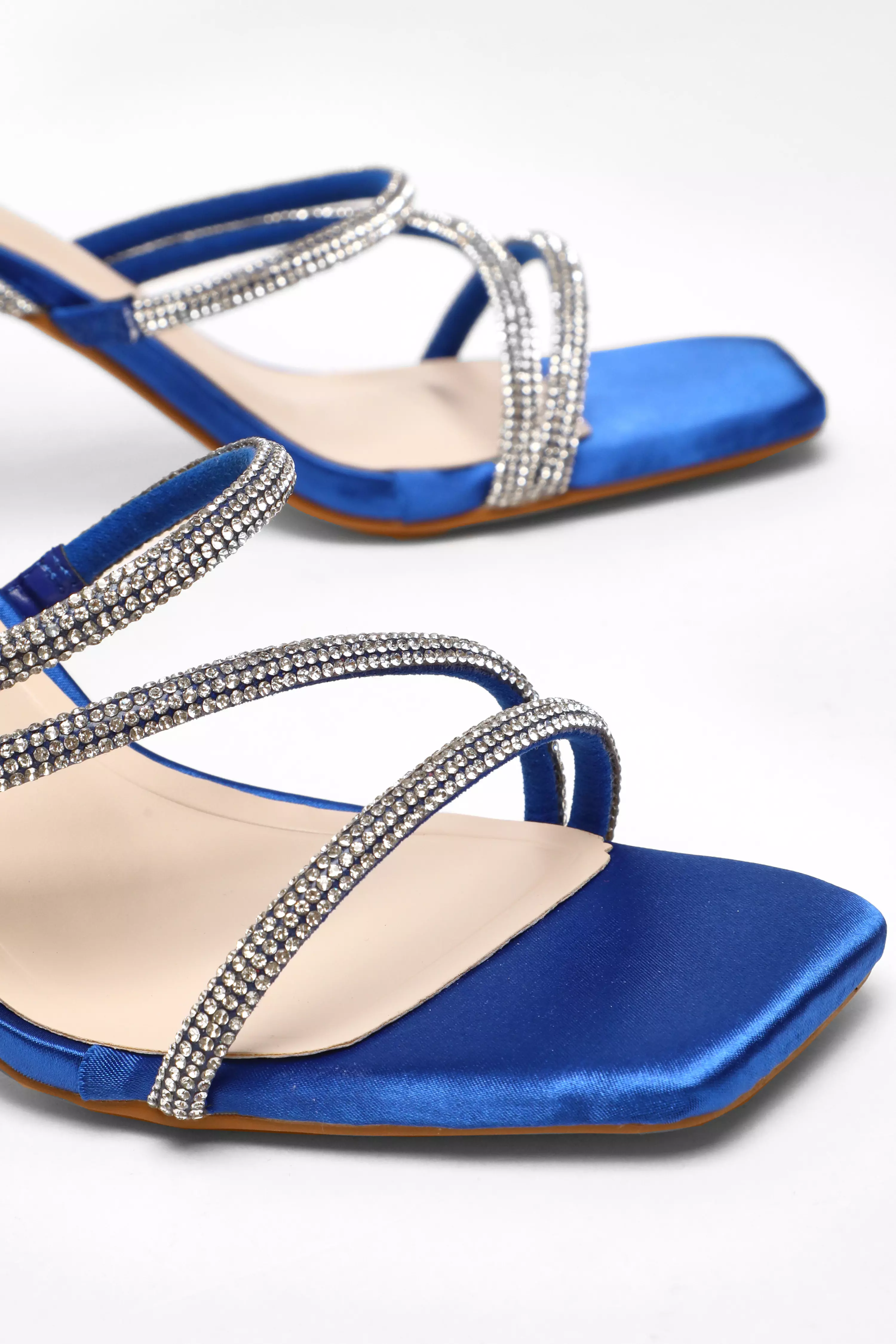 Royal Blue Diamante Strappy Block Heeled Sandals