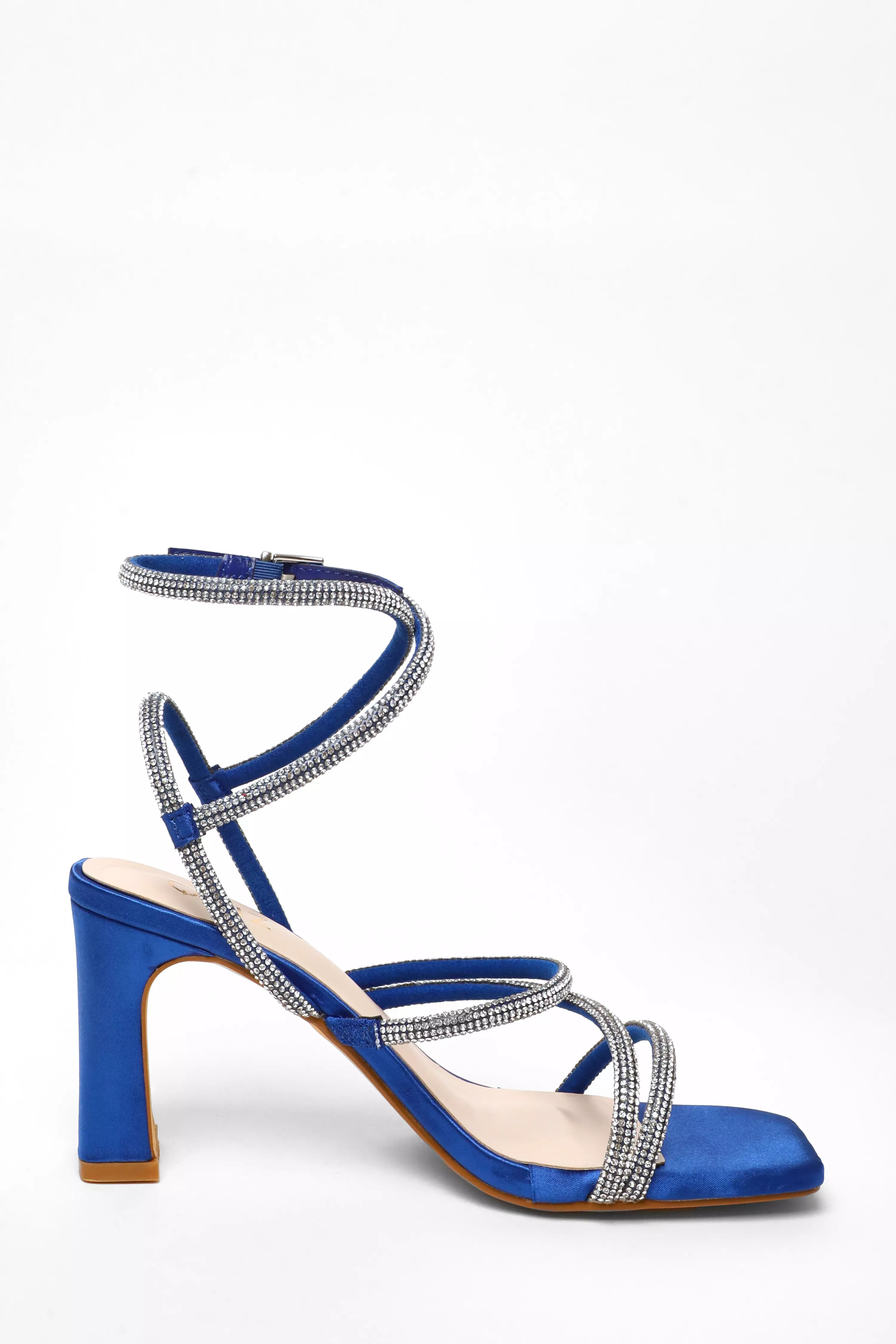 Royal Blue Diamante Strappy Block Heeled Sandals