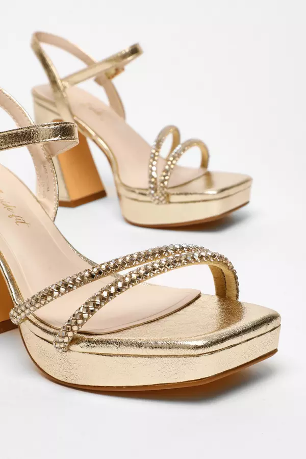 Wide Fit Gold Foil Diamante Platform Heeled Sandals