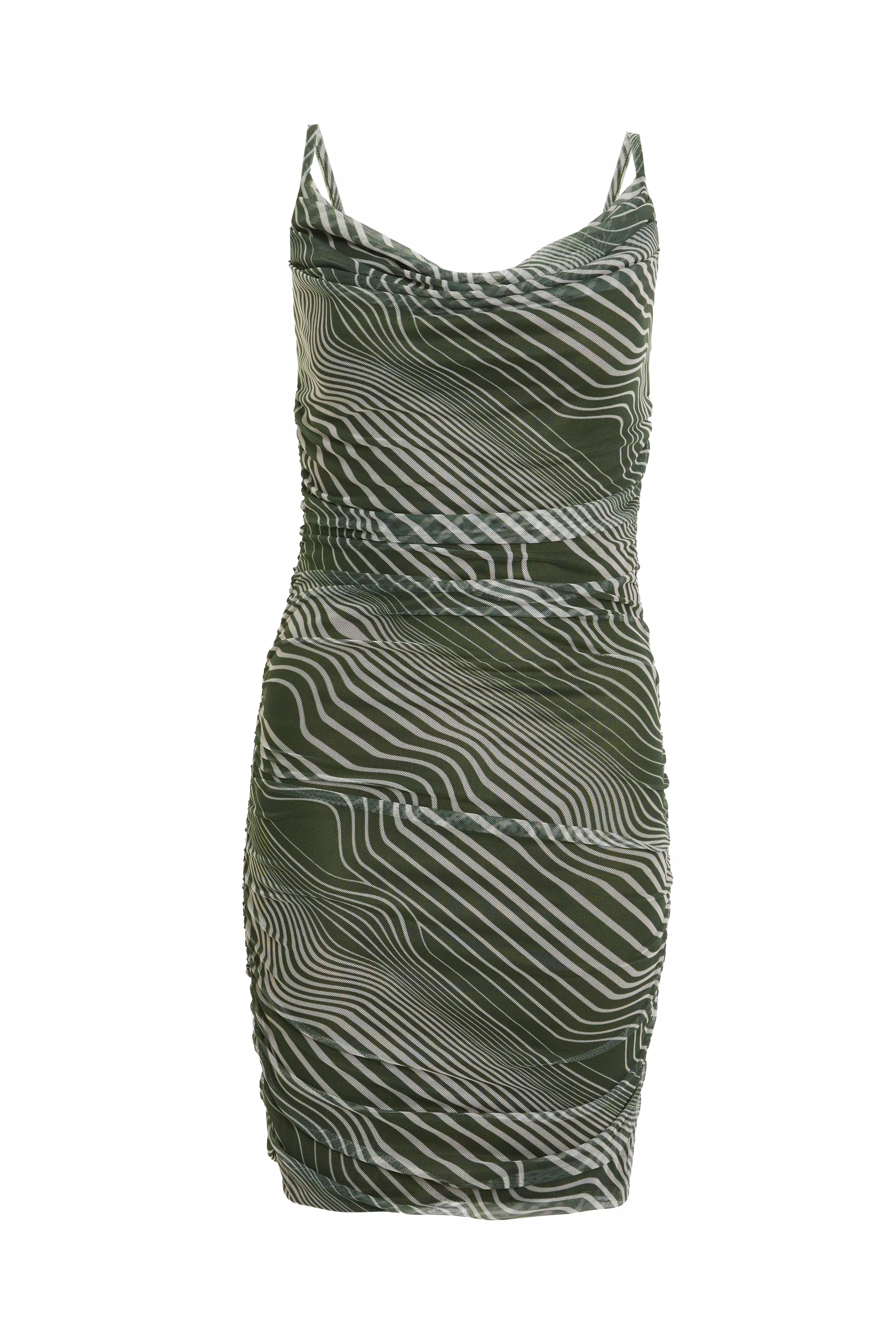 Khaki Wavy Stripe Cowl Neck Dress