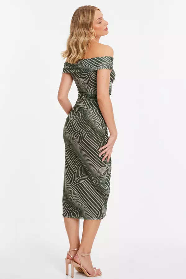Khaki Stripe Print Bardot Midi Dress