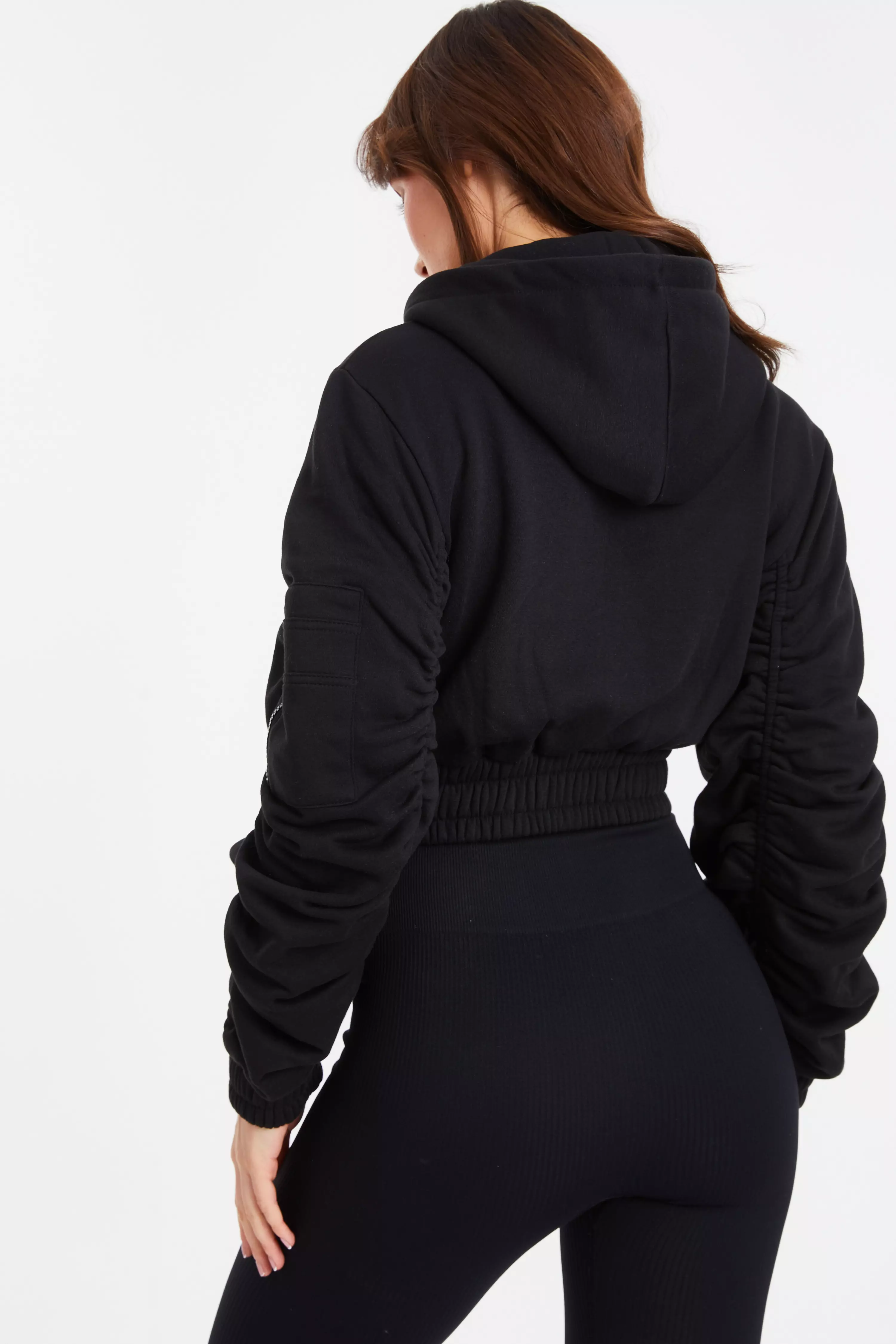 Black Ruched Sleeve Crop Zip Hoody