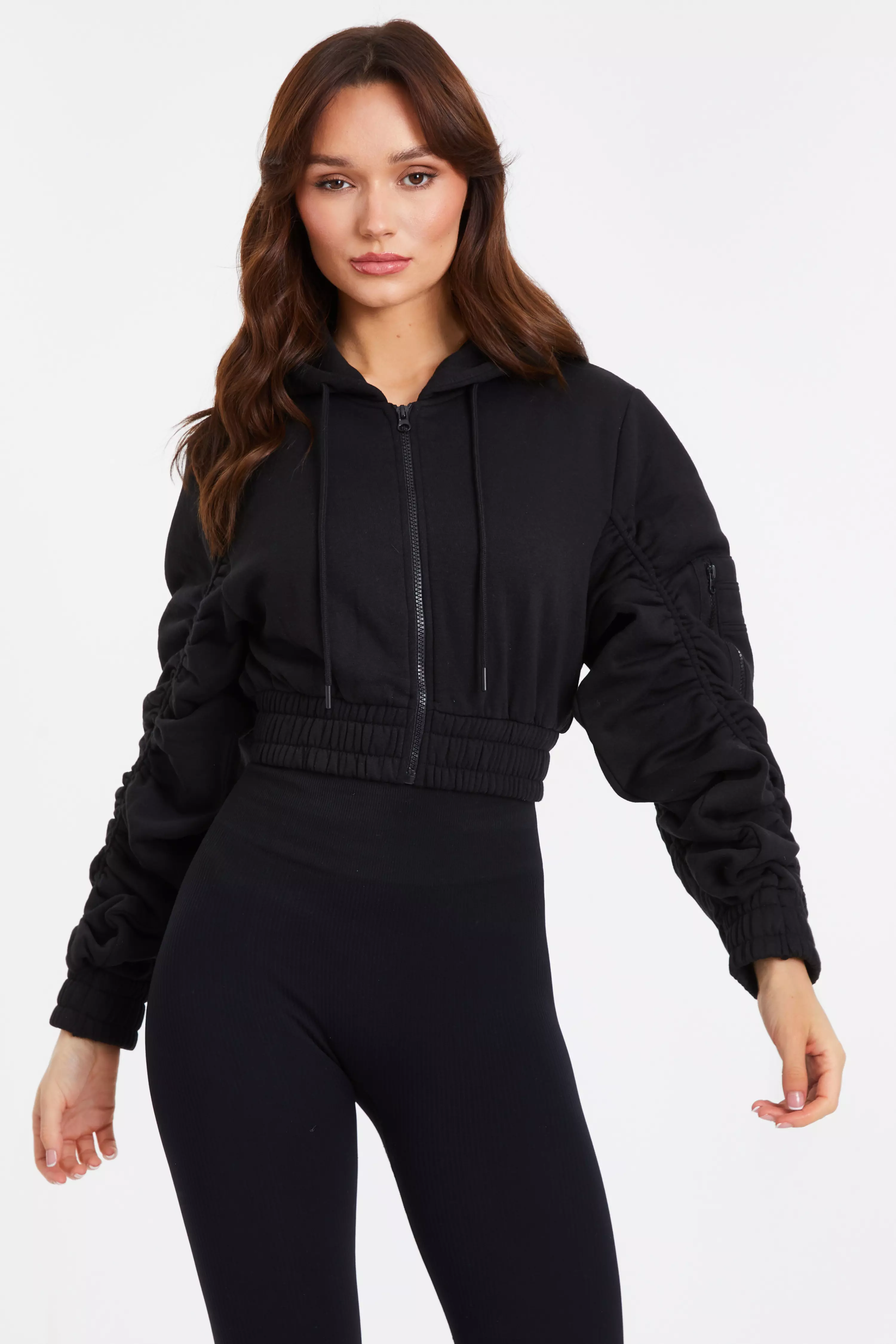 Black Ruched Sleeve Crop Zip Hoody