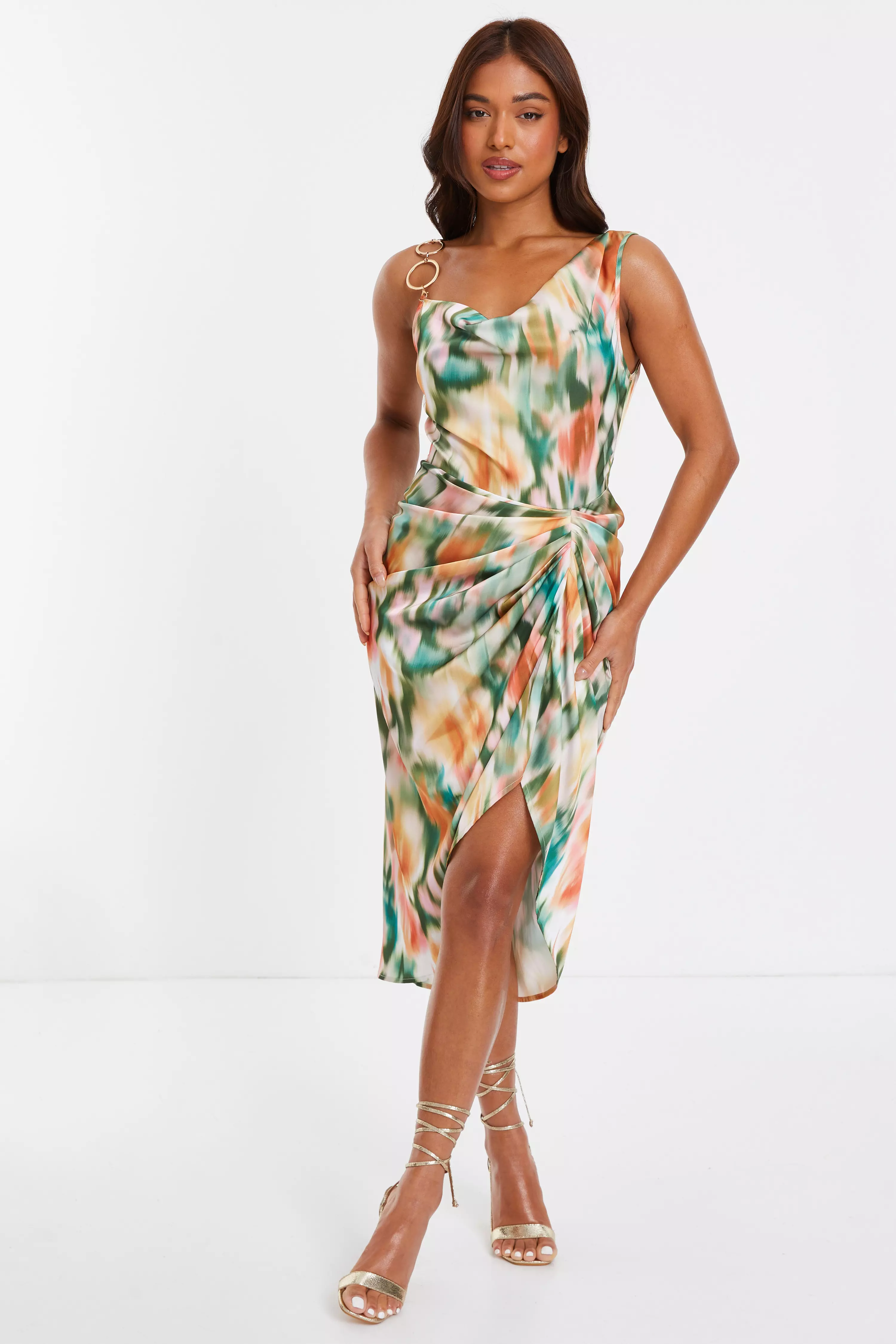 Petite Multicoloured Satin Marble Print Ruched Midi Dress