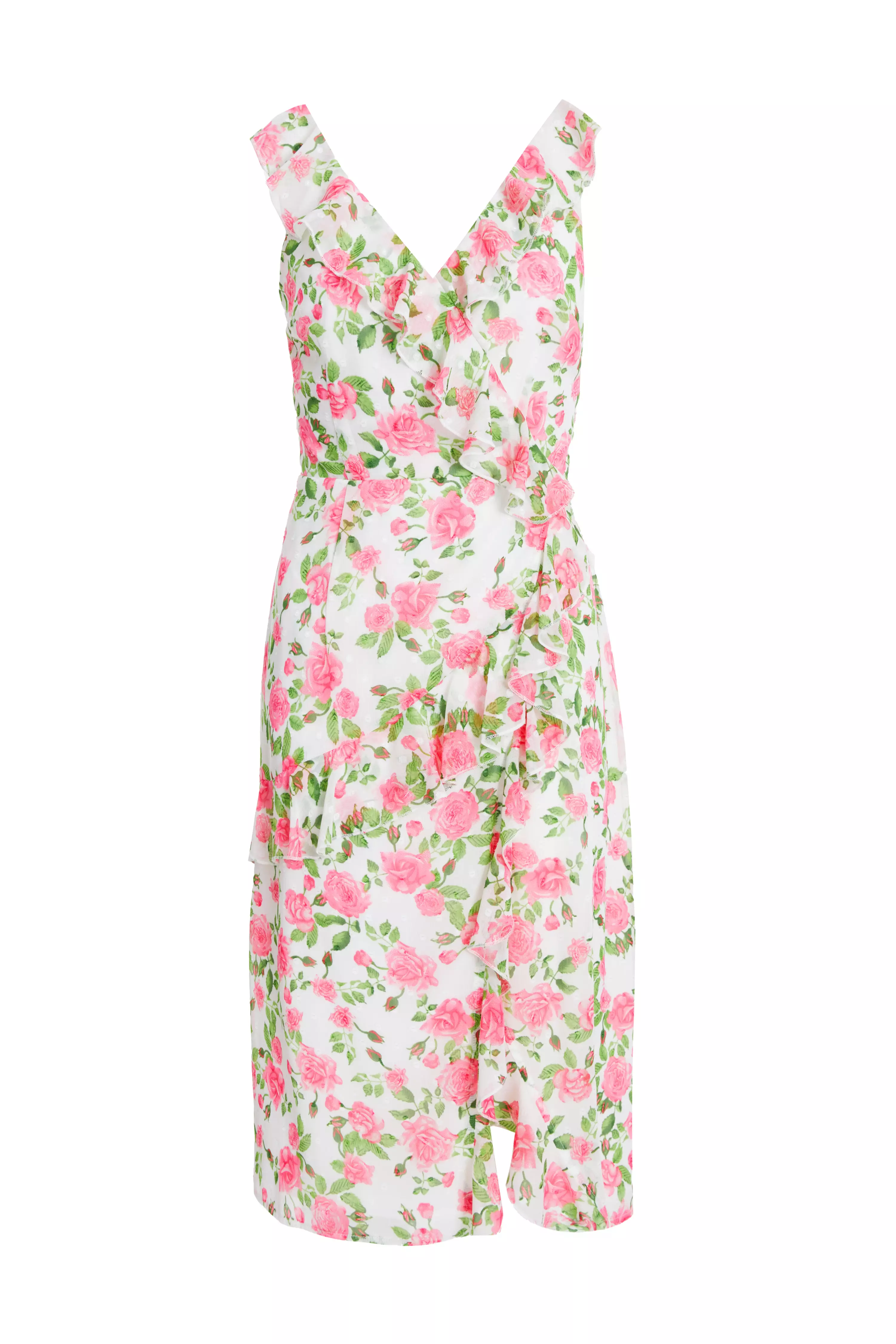 Petite Pink Chiffon Floral Ruffle Wrap Midi Dress