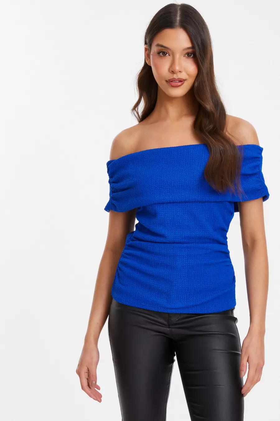 Blue Textured Bardot Ruched Top QUIZ Clothing