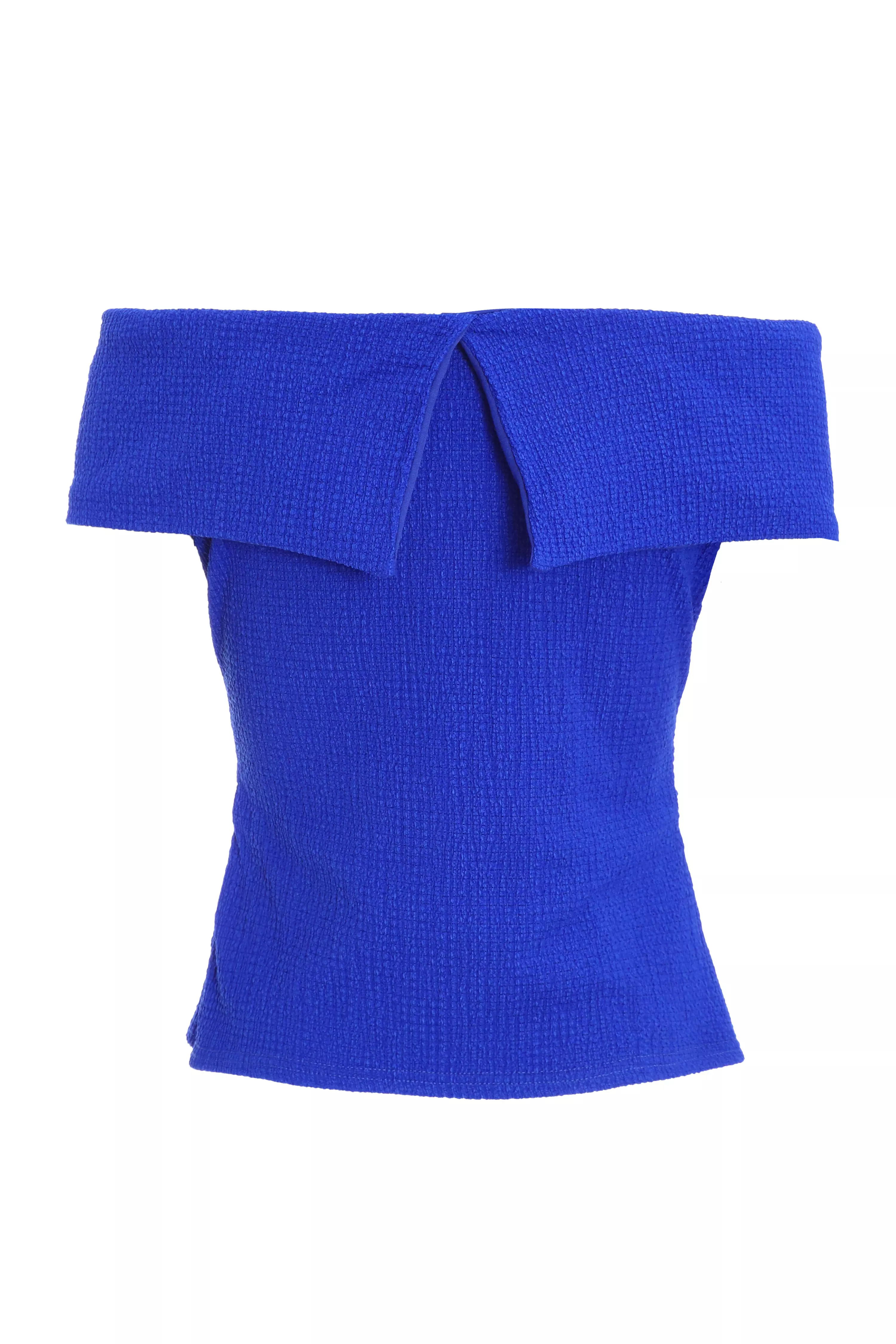 Blue Textured Bardot Ruched Top