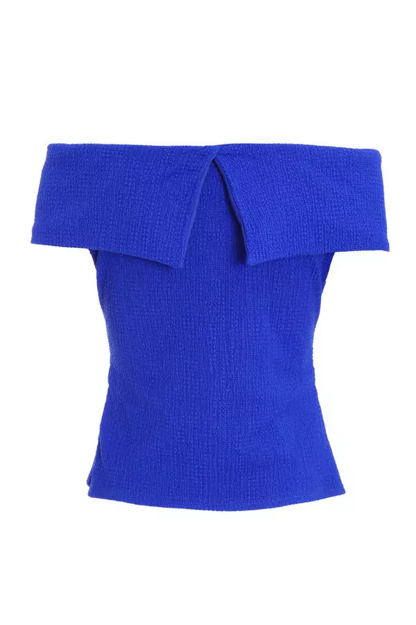 Blue Textured Bardot Ruched Top