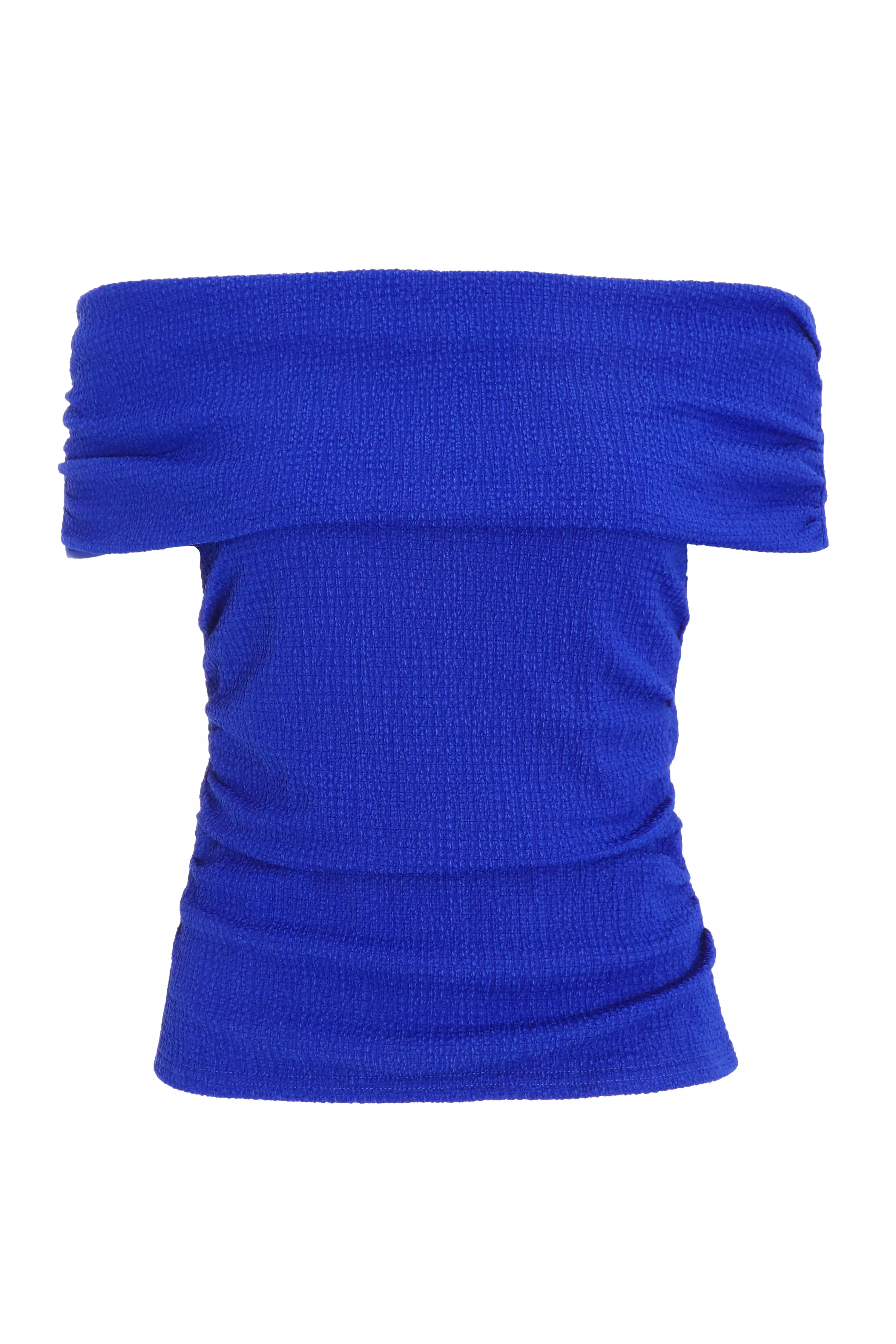 Blue Textured Bardot Ruched Top