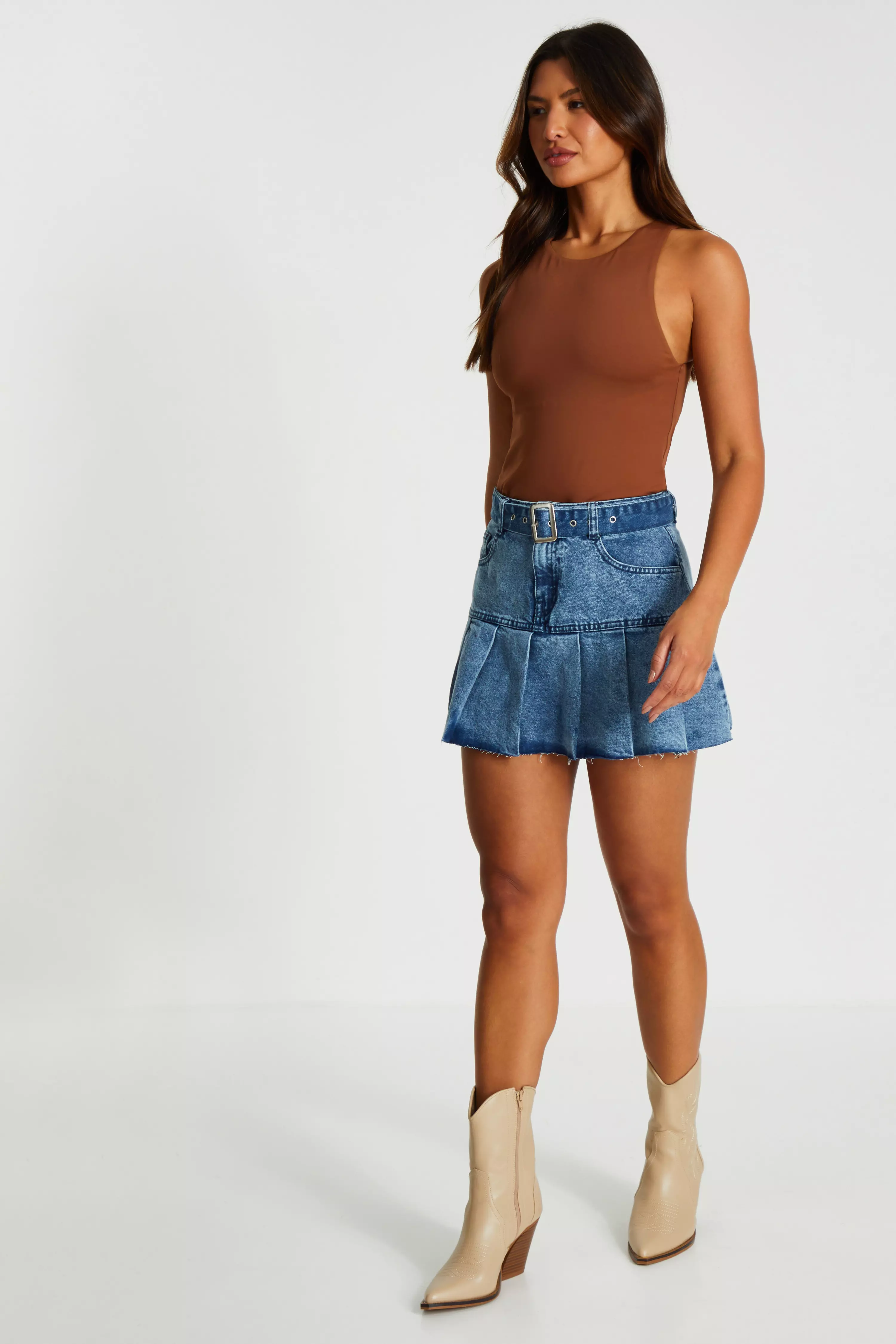 Blue Denim Pleated Mini Skirt