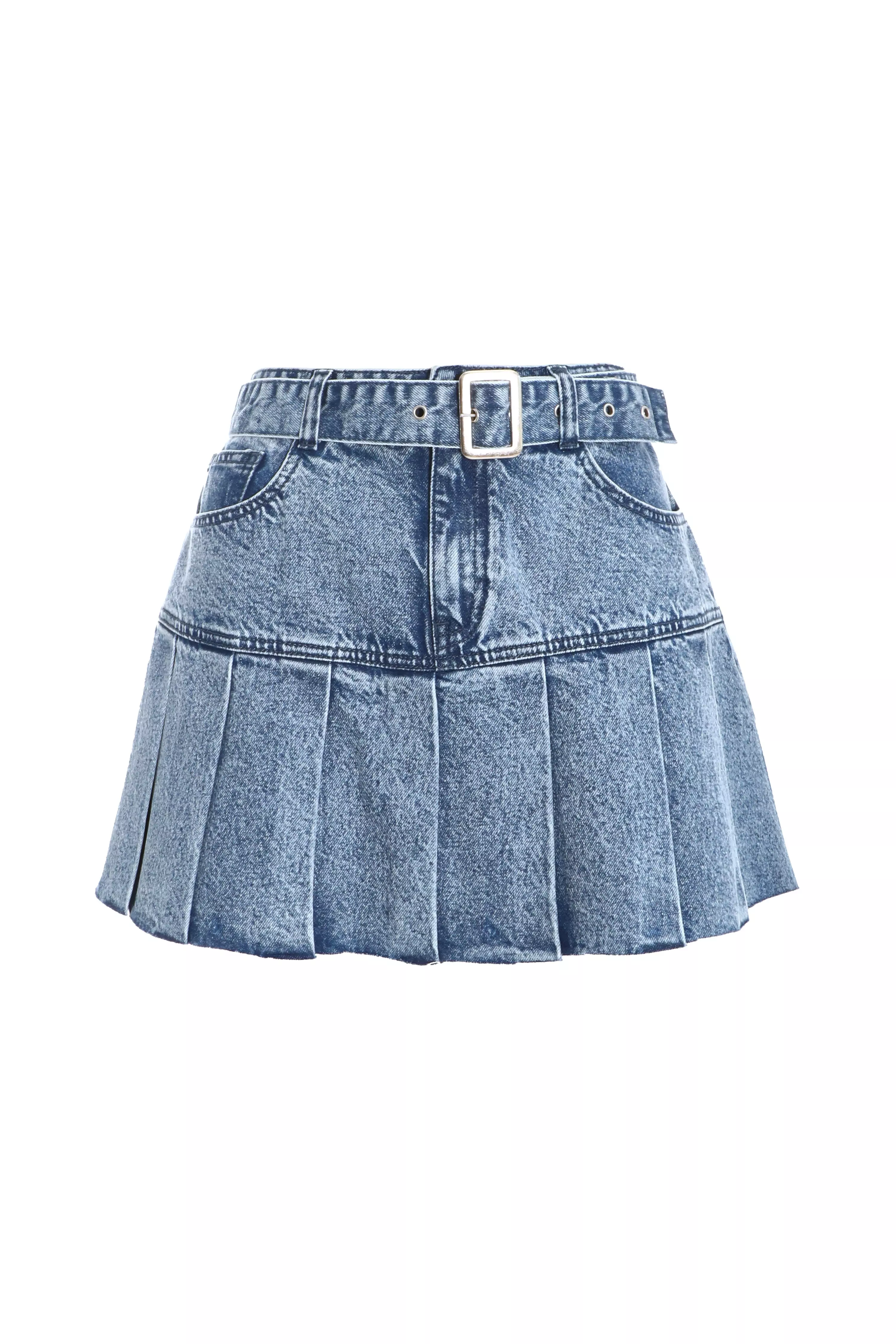 Blue Denim Pleated Mini Skirt