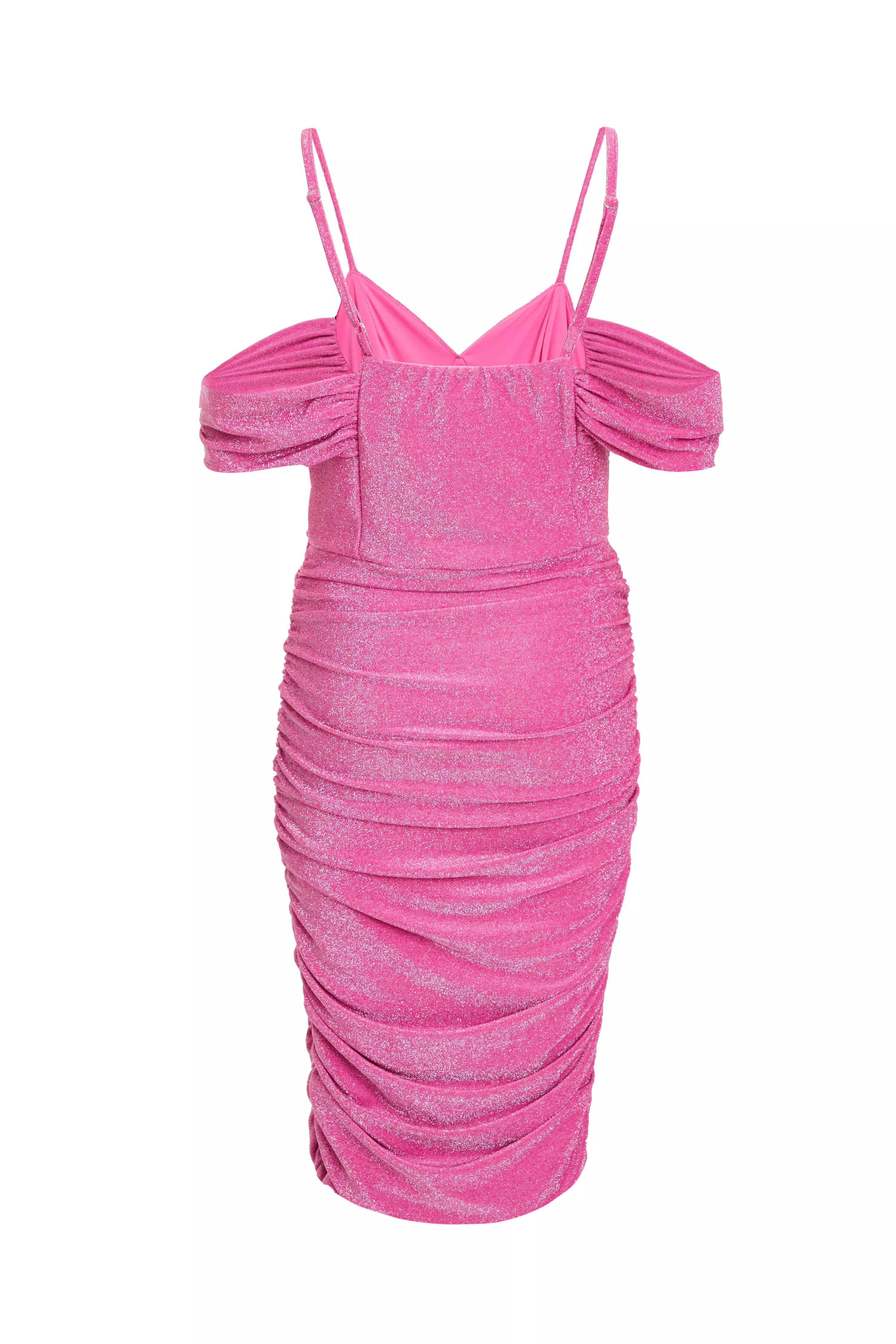 Pink Cold Shoulder Ruched Midi Dress