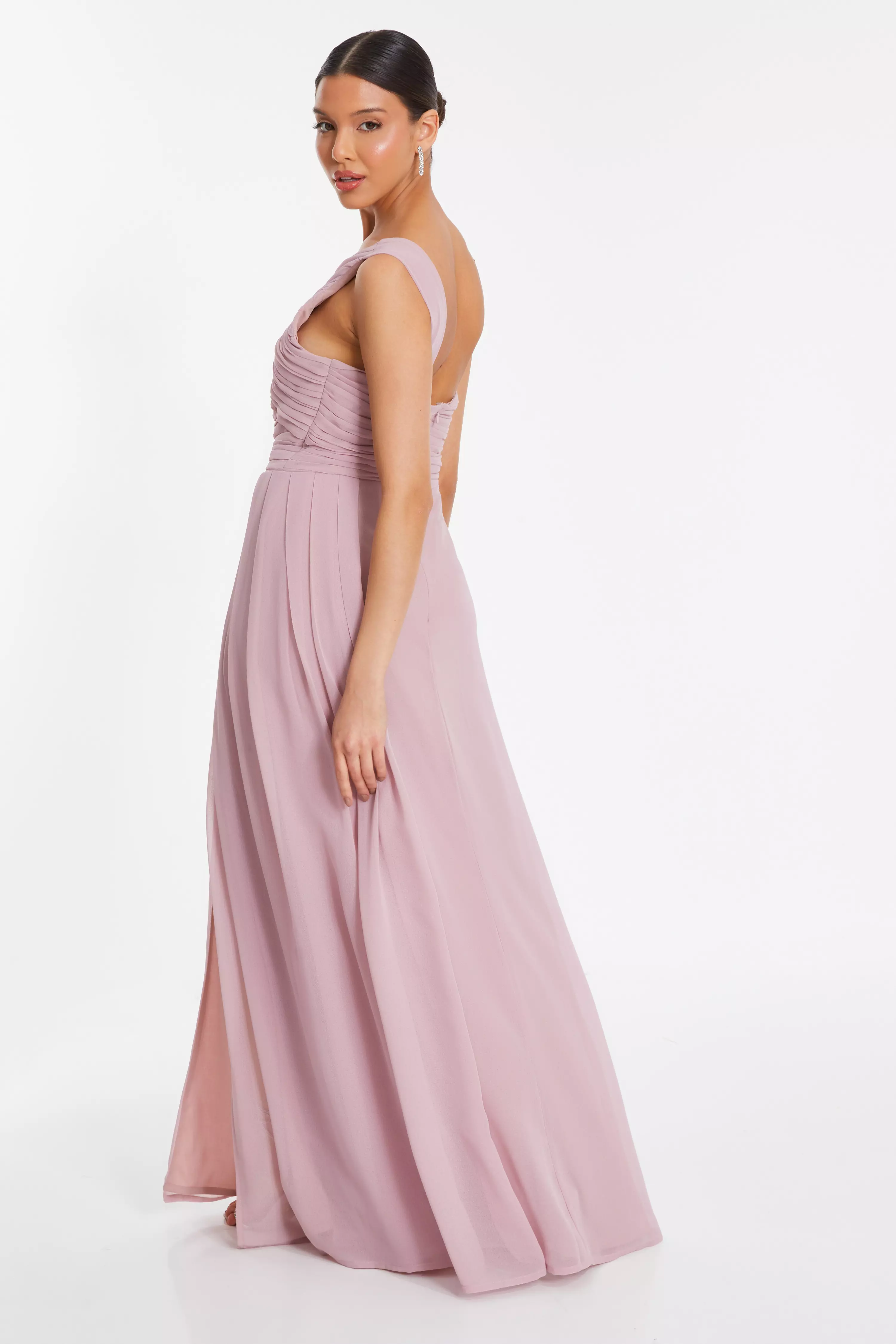 Pink One Shoulder Chiffon Maxi Dress