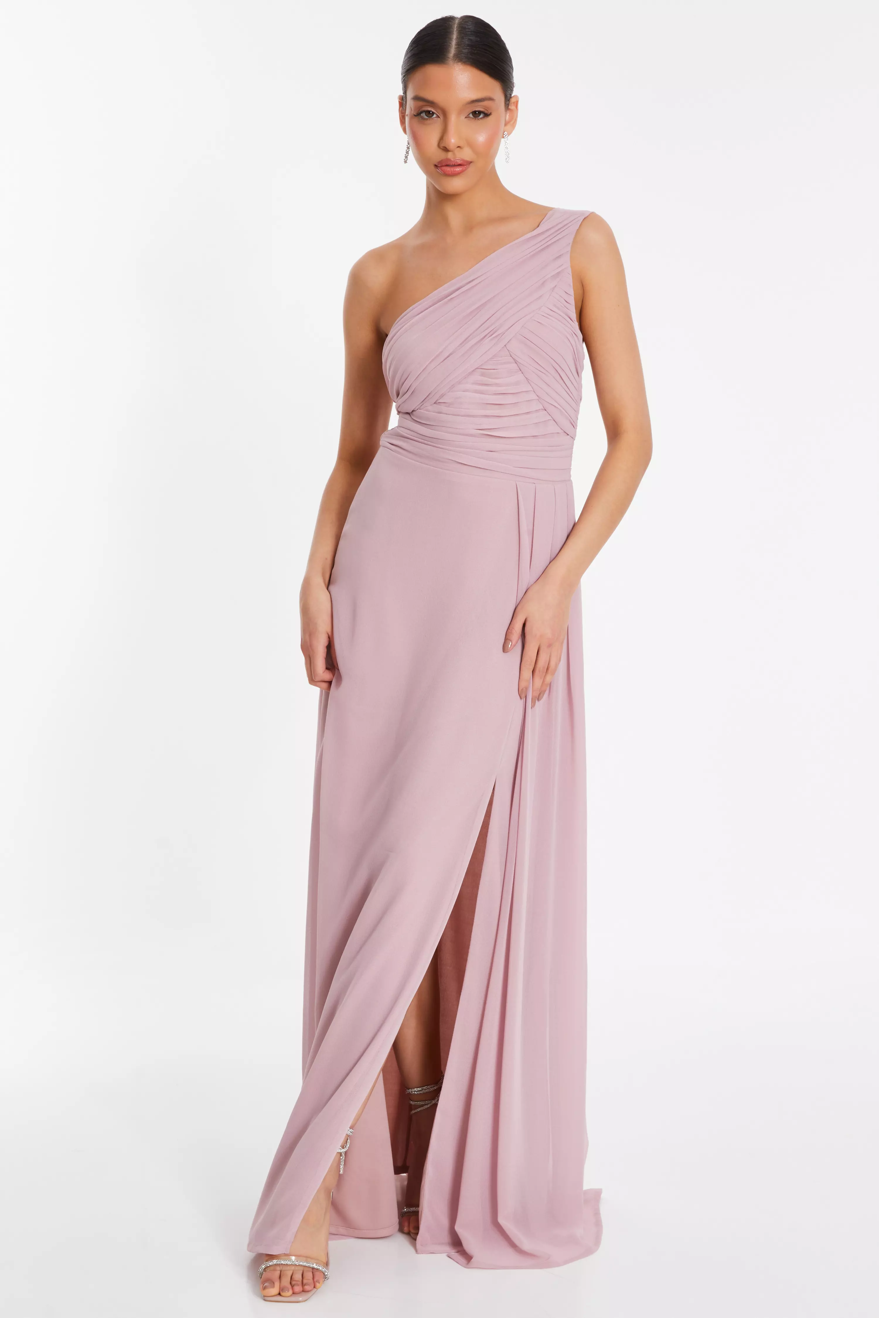 Pink One Shoulder Chiffon Maxi Dress