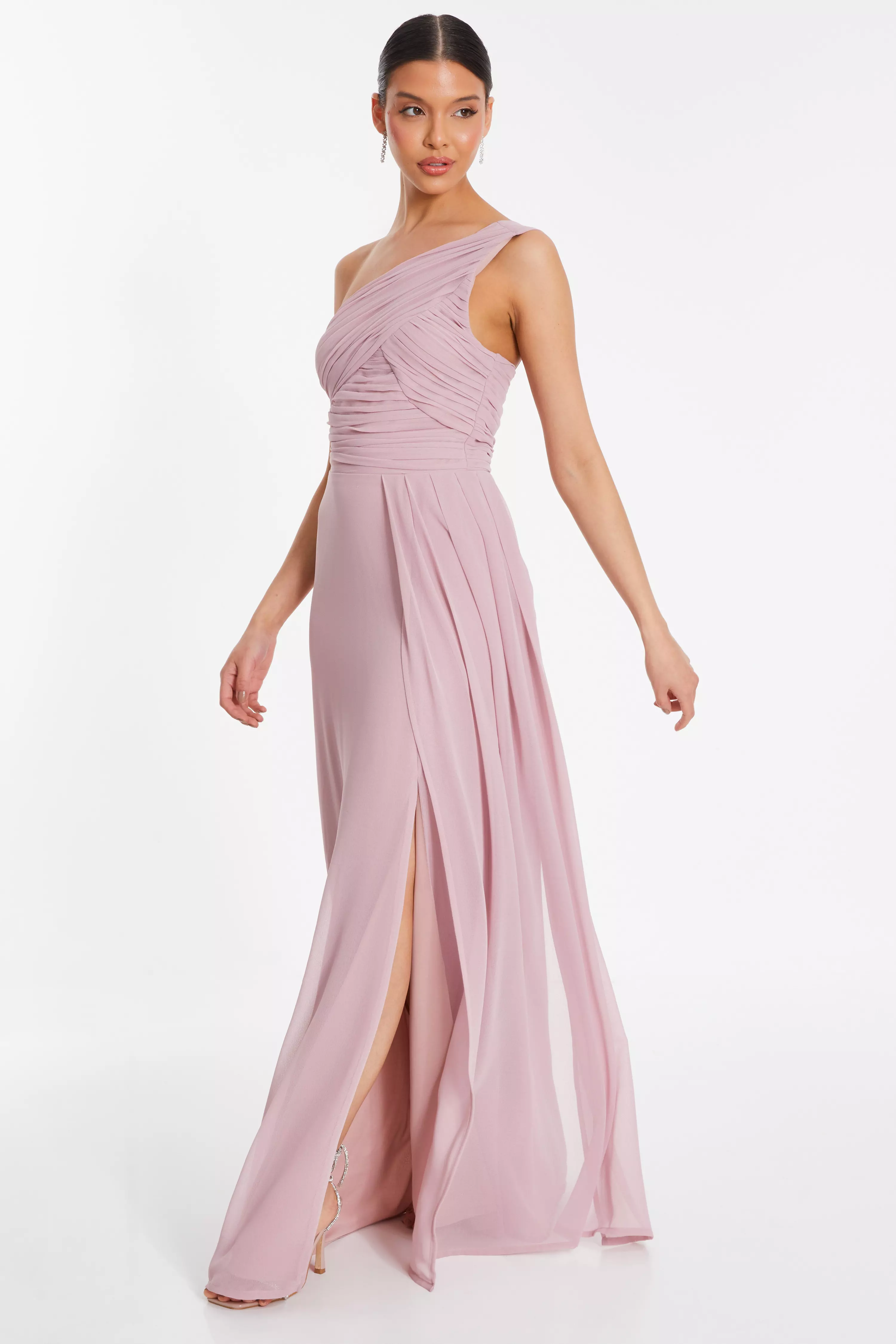 Pink One Shoulder Chiffon Maxi Dress