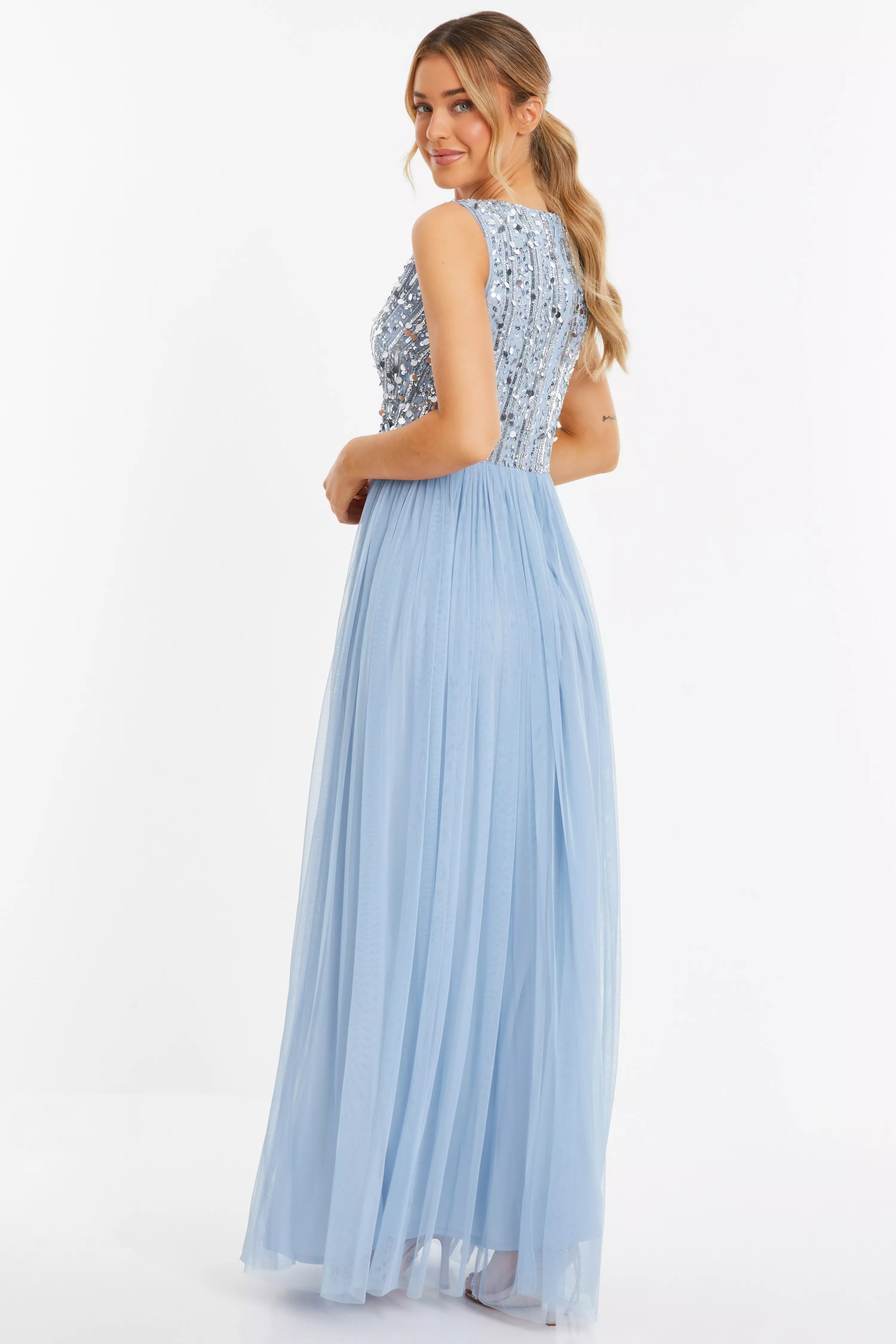 Light Blue Embellished Wrap Maxi Dress