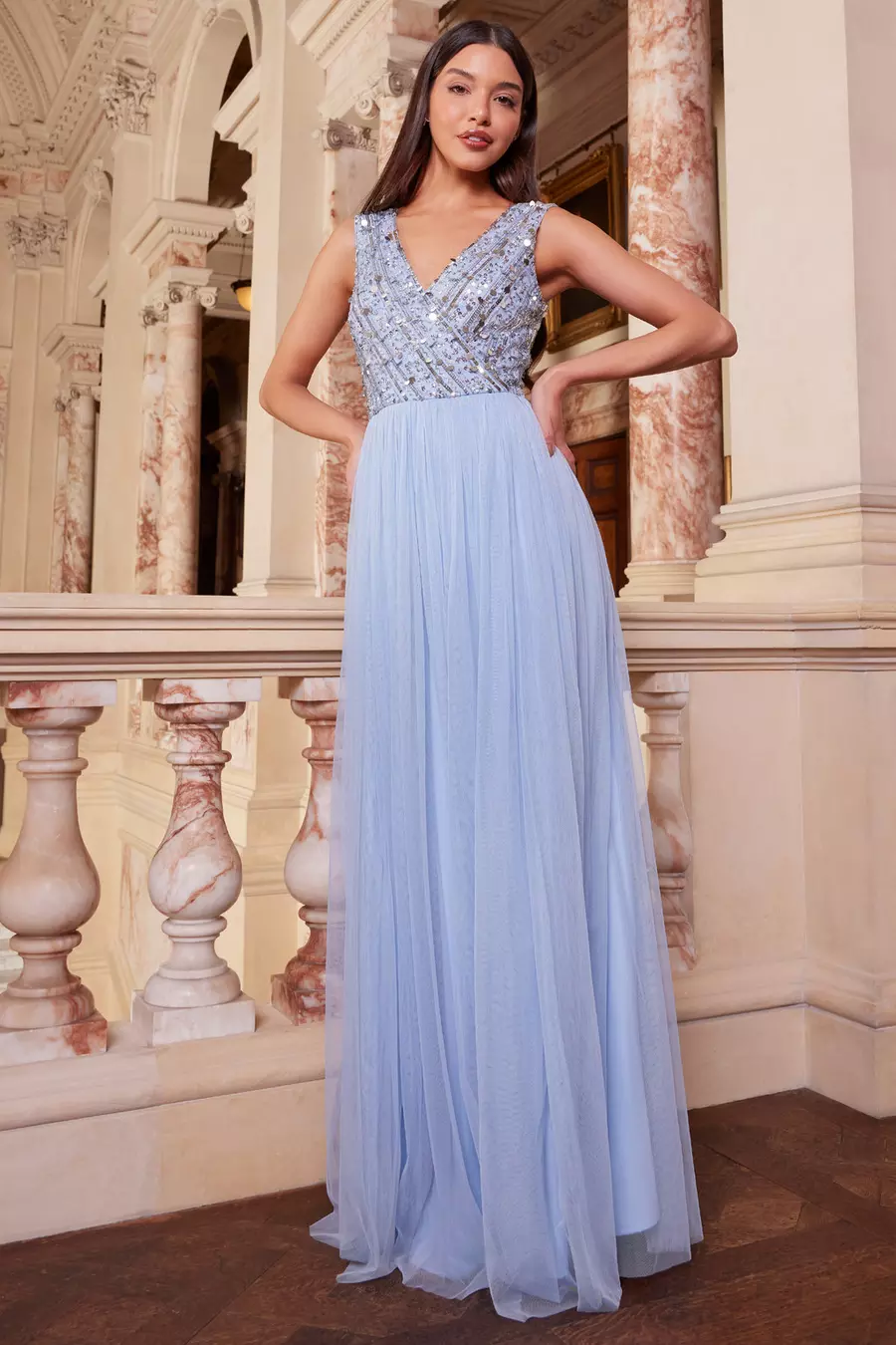 Light Blue Embellished Wrap Maxi Dress QUIZ Clothing