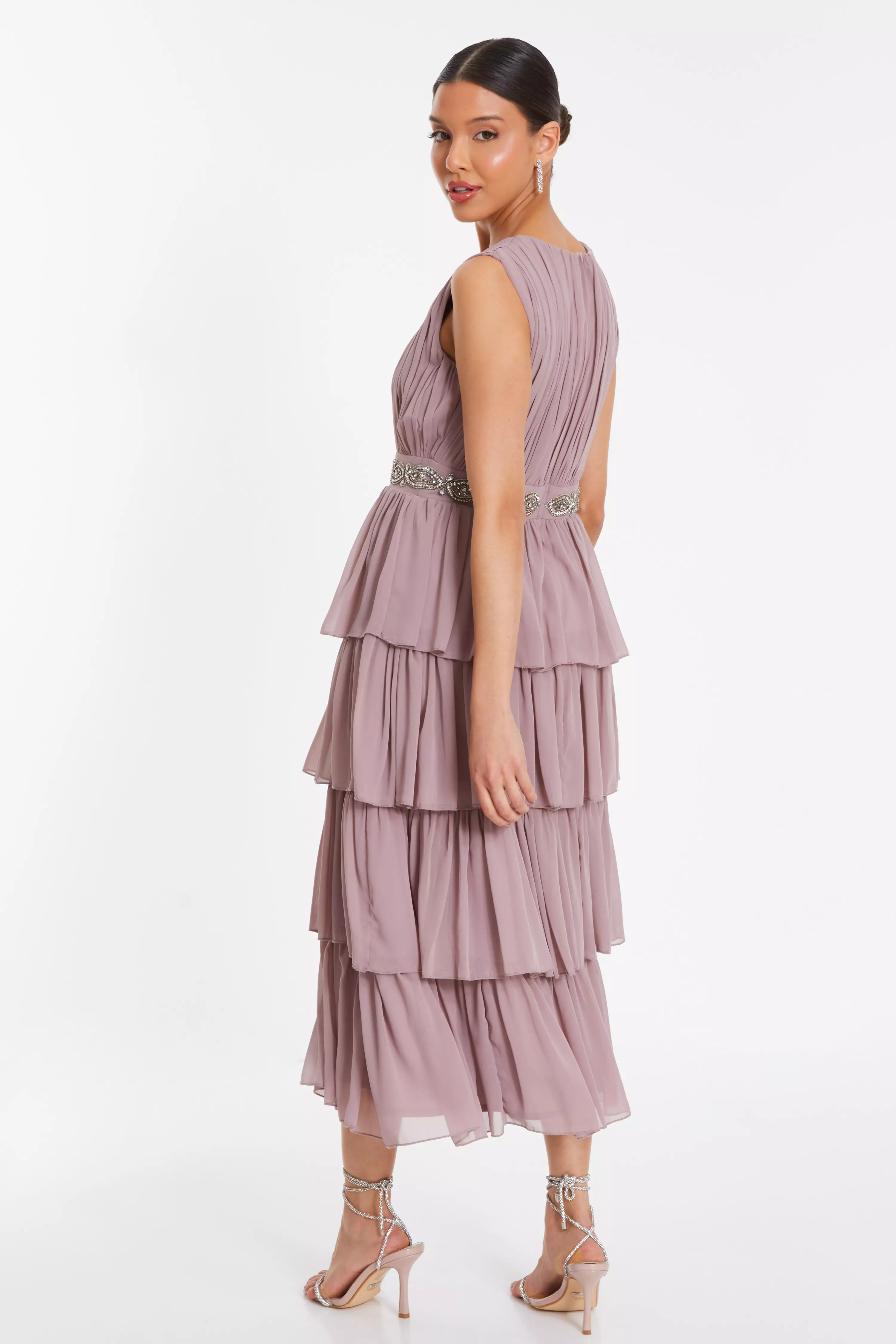 Mauve Chiffon Tiered Midi Dress