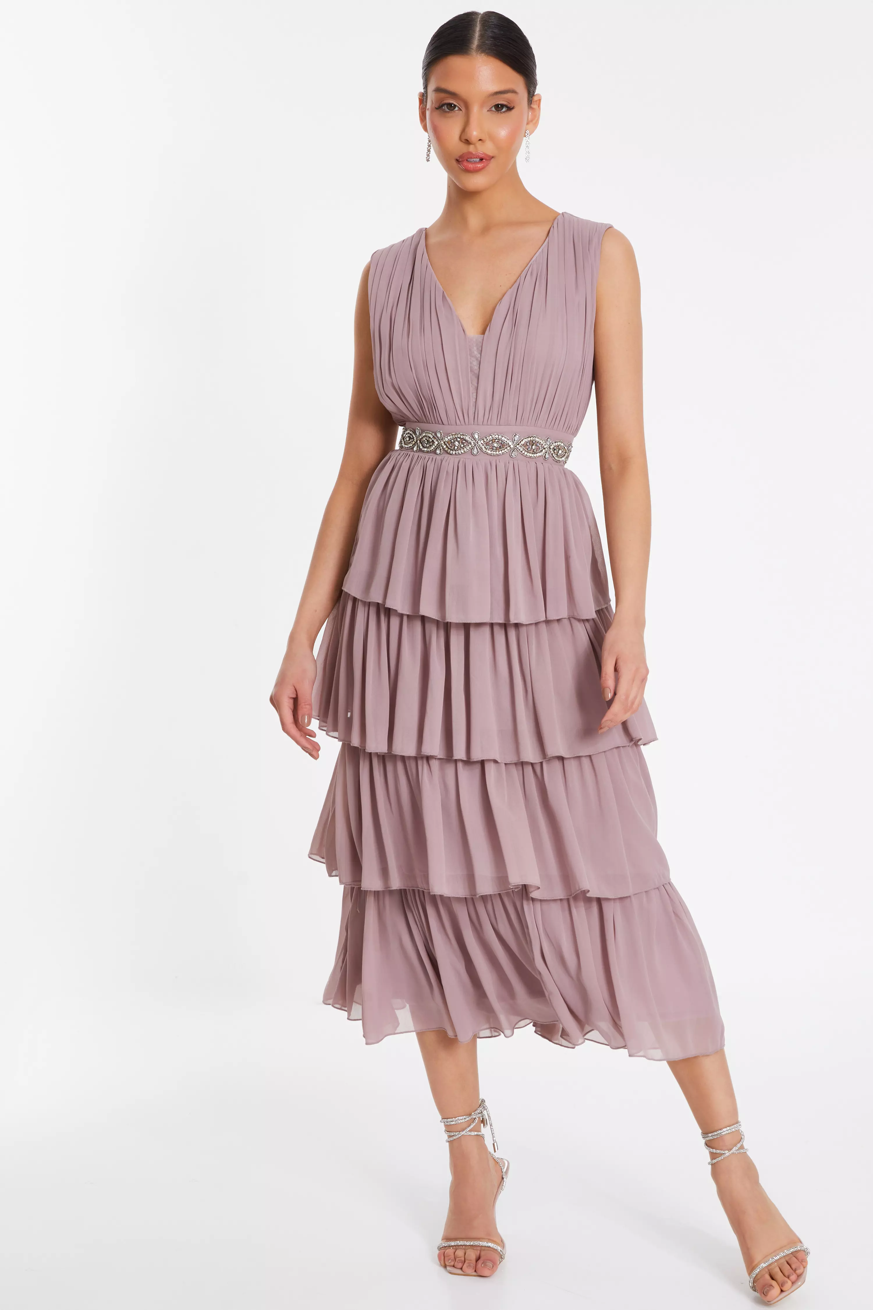 Mauve Chiffon Tiered Midi Dress