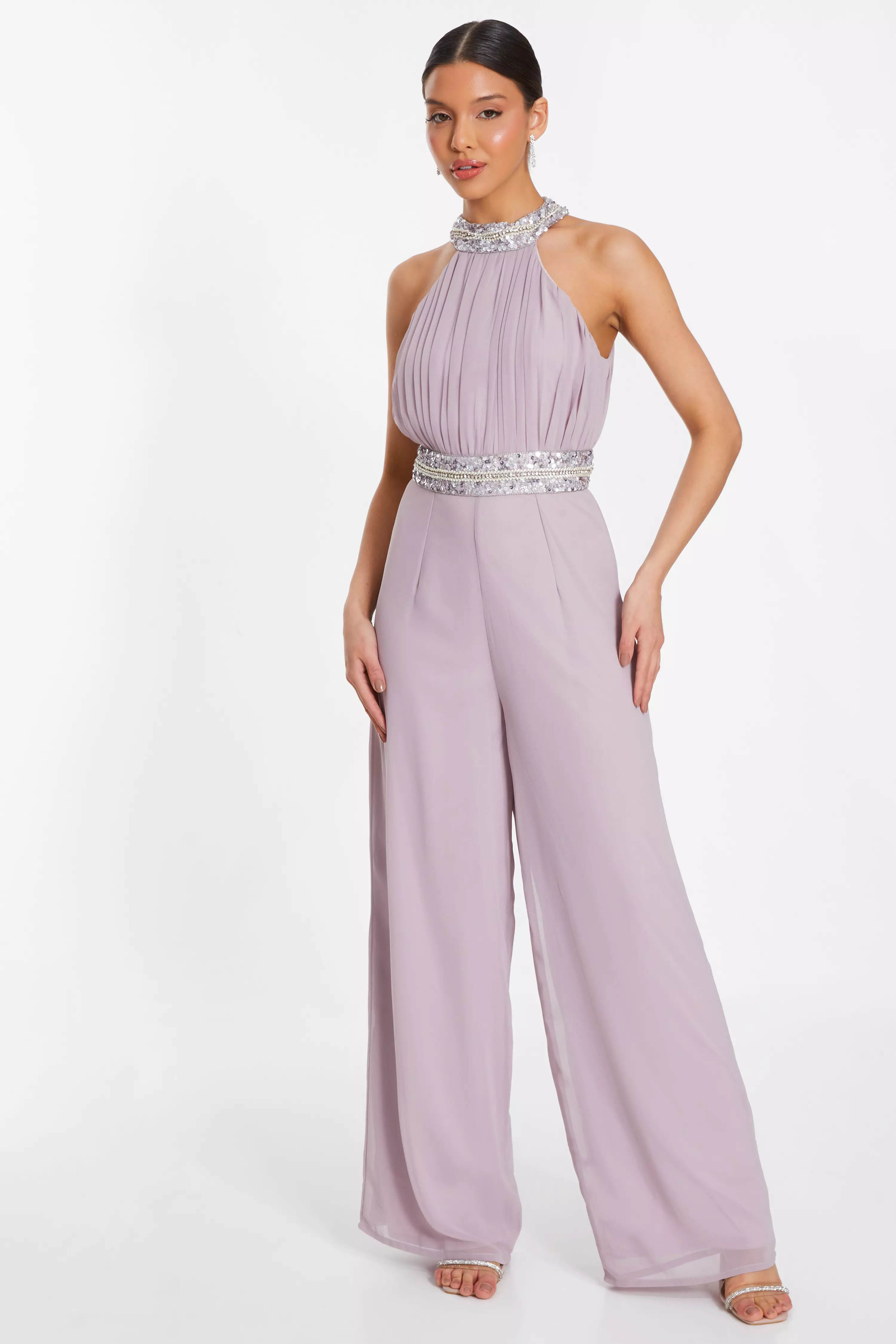 Mauve Embellished Halter Neck Jumpsuit