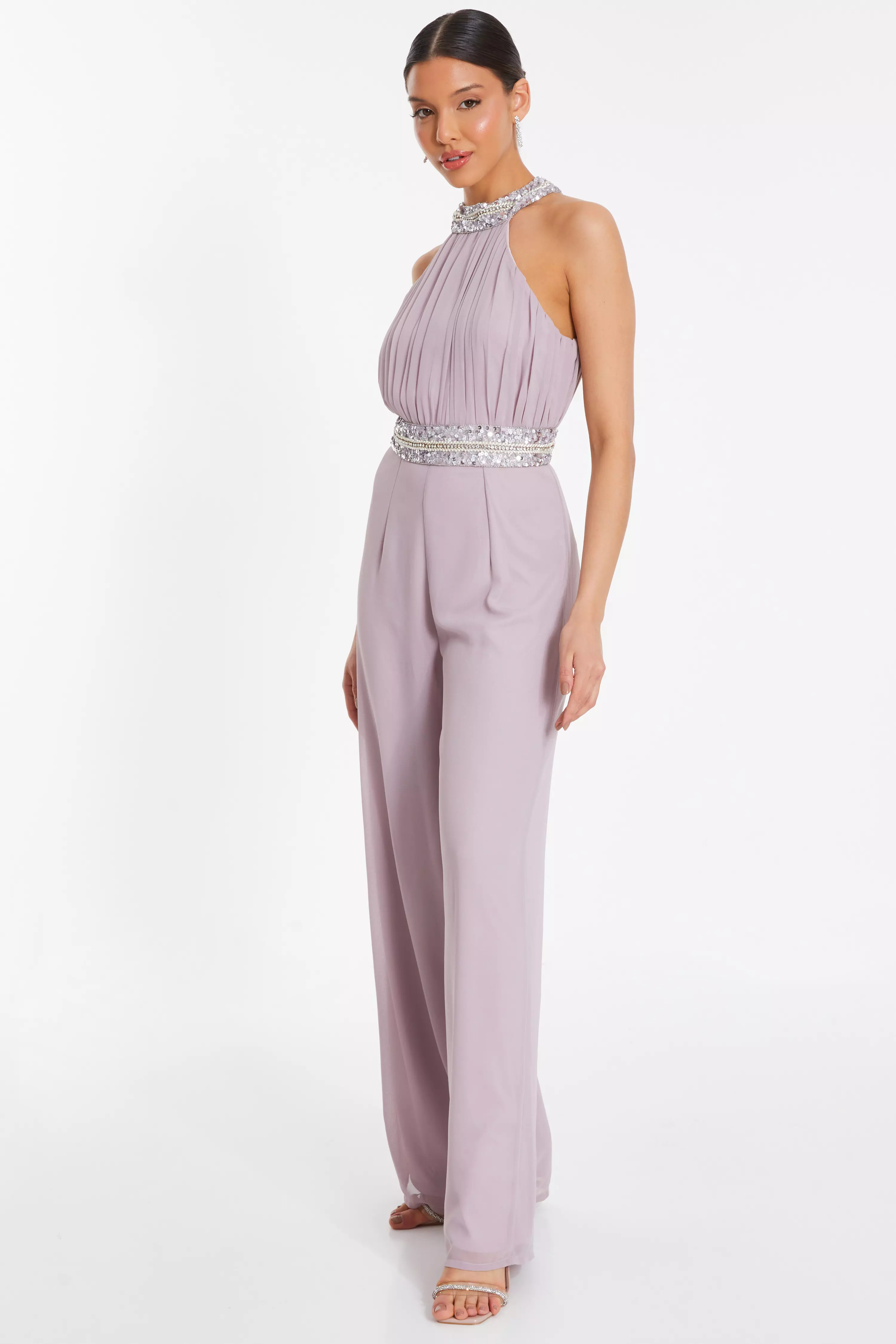 Mauve Embellished Halter Neck Jumpsuit