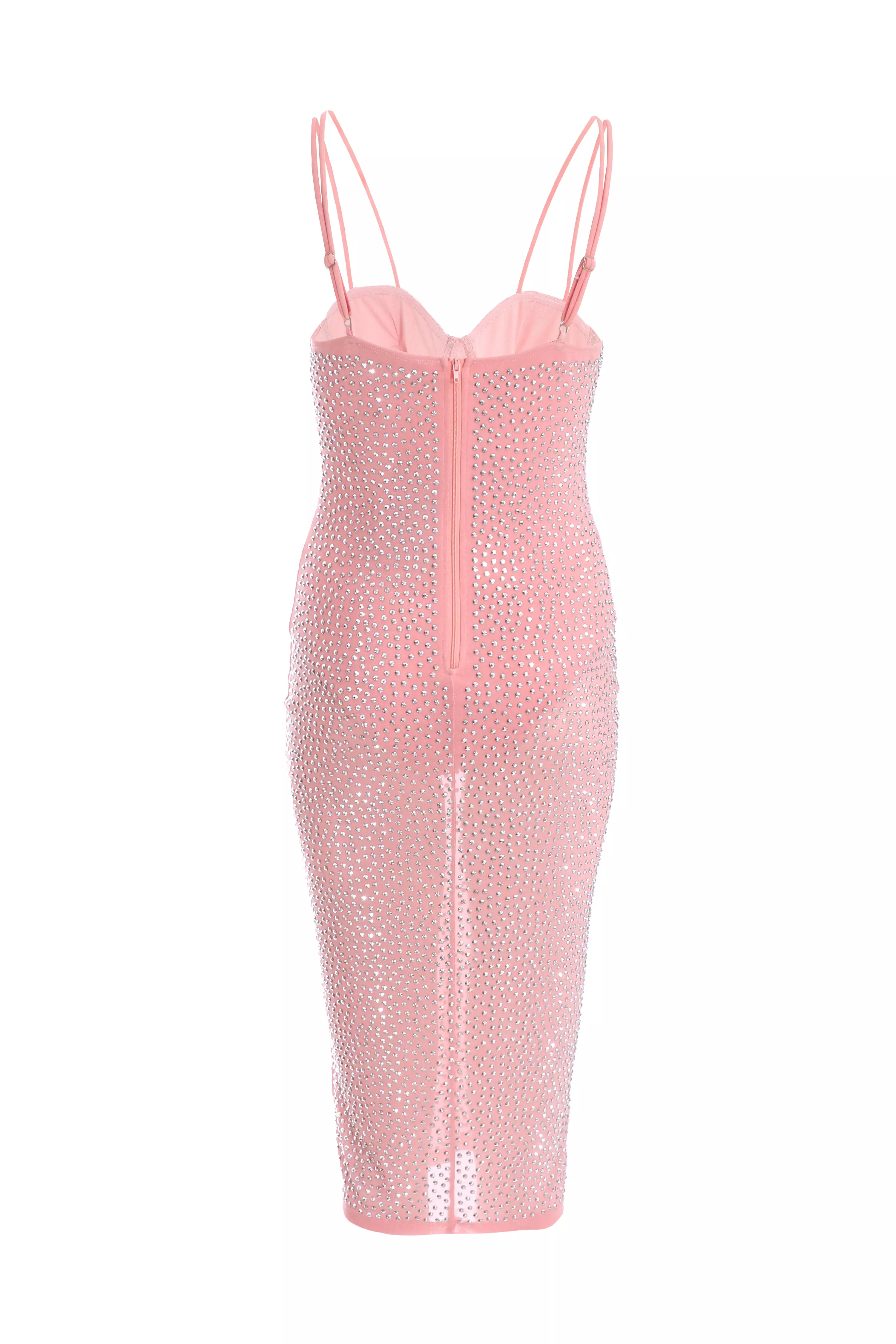 Pink Rhinestone Bodycon Midi Dress 