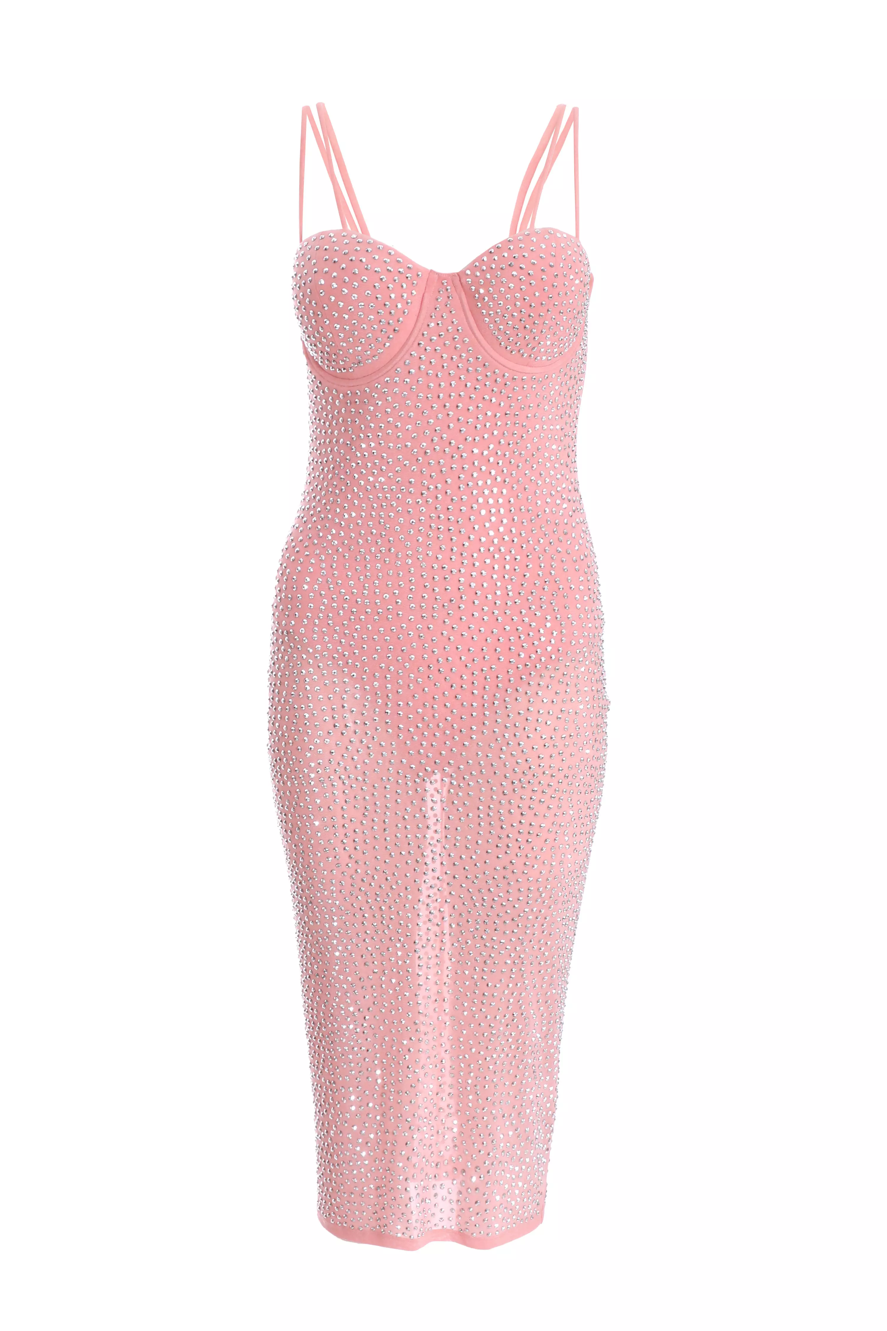 Pink Rhinestone Bodycon Midi Dress 