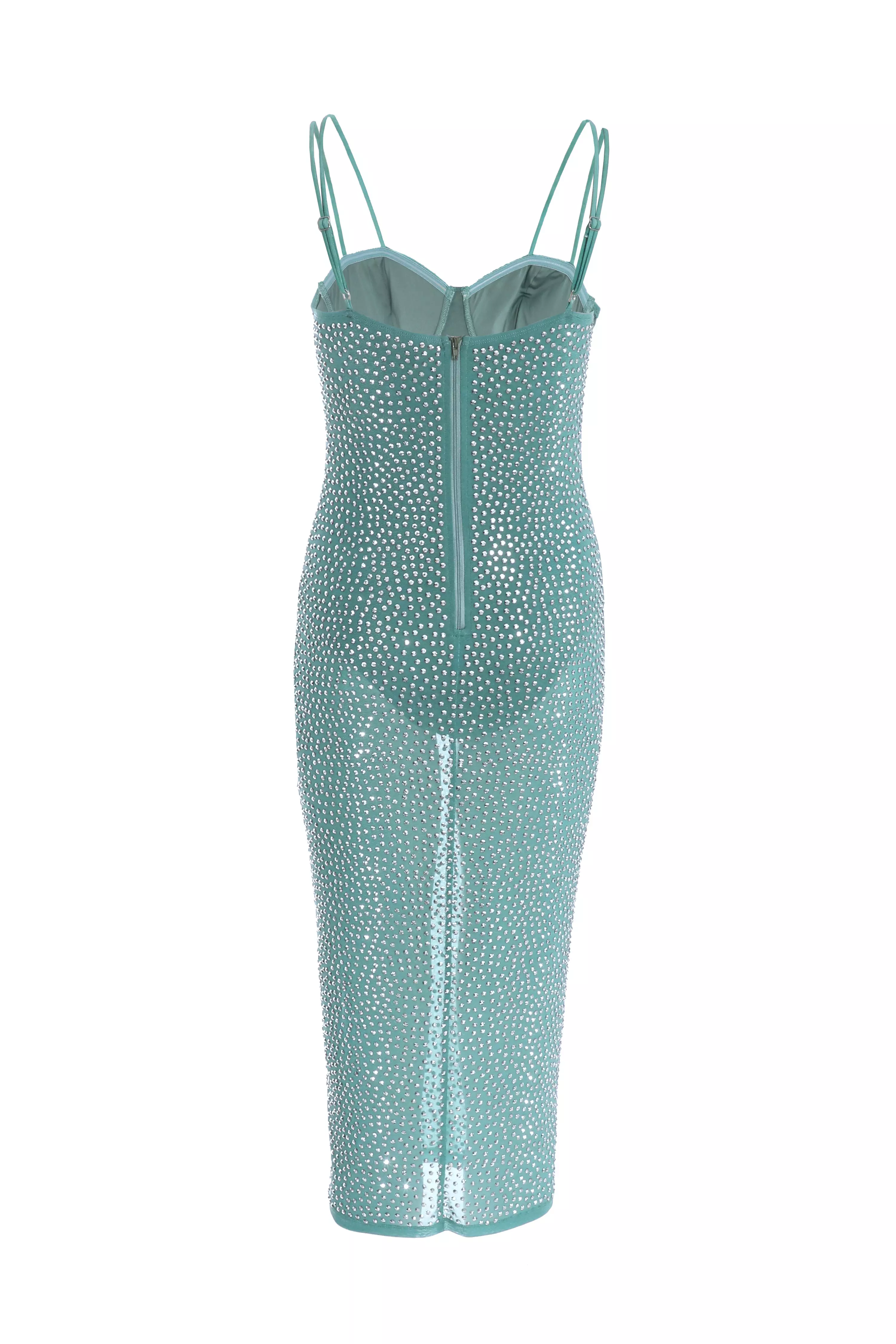 Teal Rhinestone Bodycon Midi Dress 