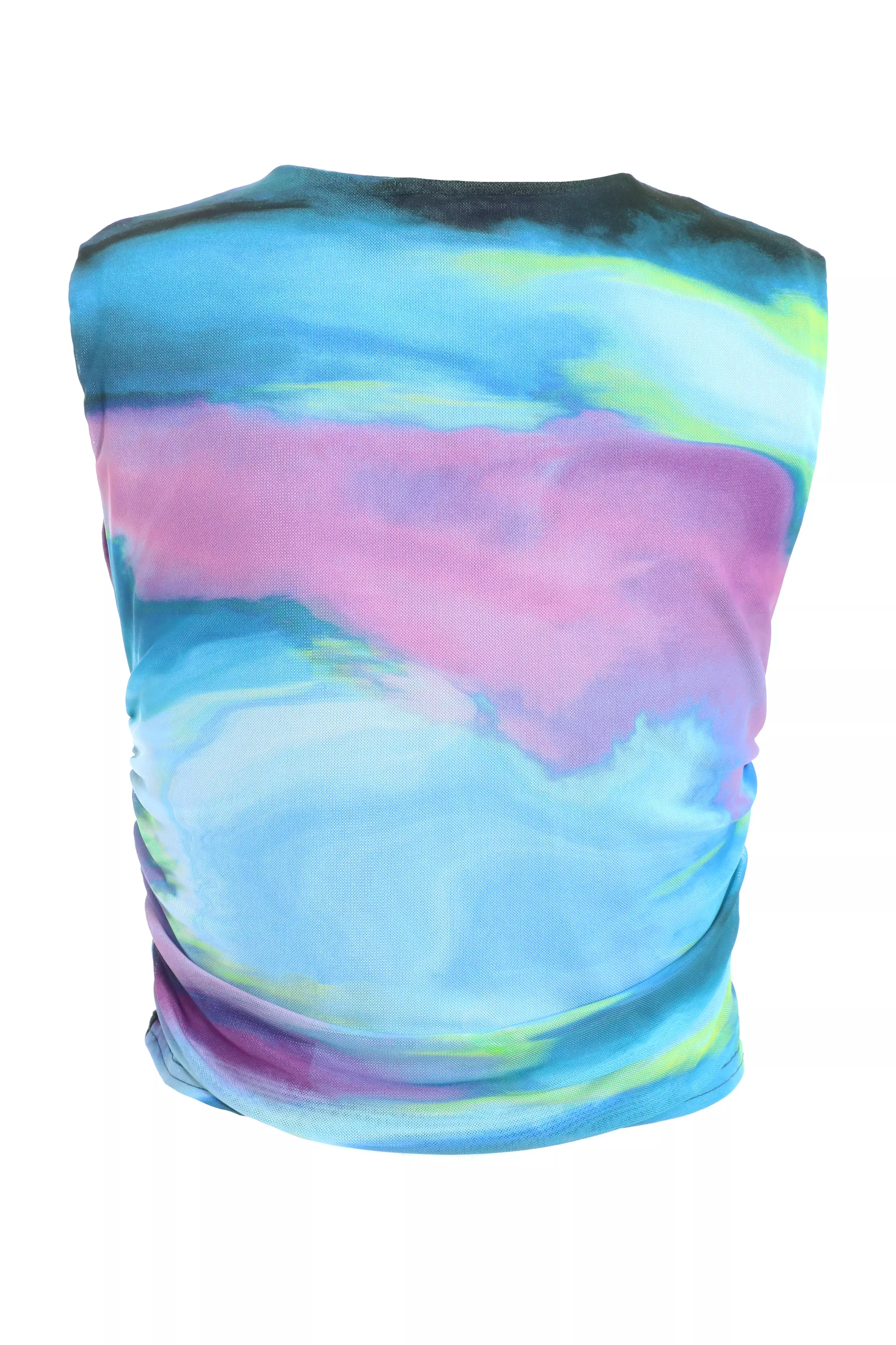 Blue Abstract Print Mesh Top