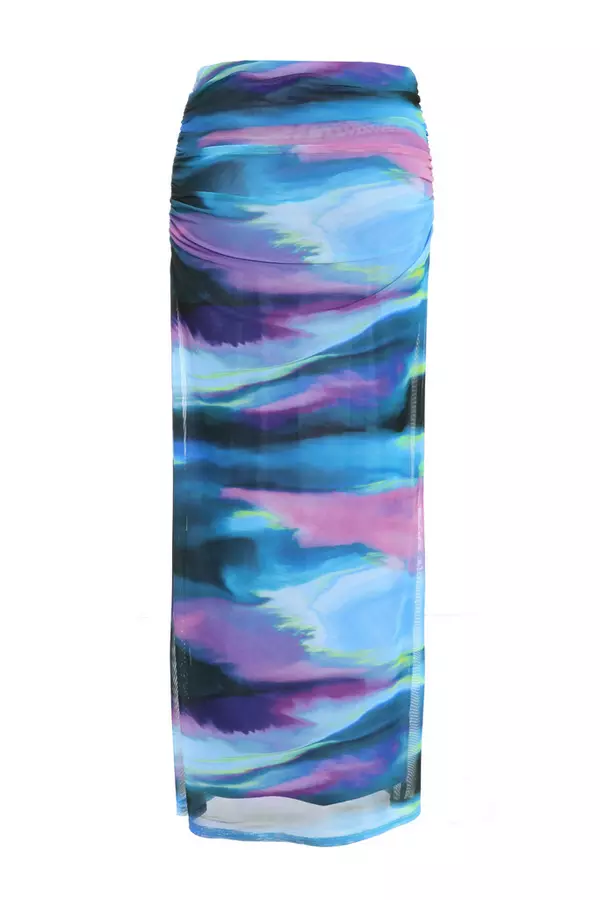 Blue Abstract Print Mesh Maxi Skirt