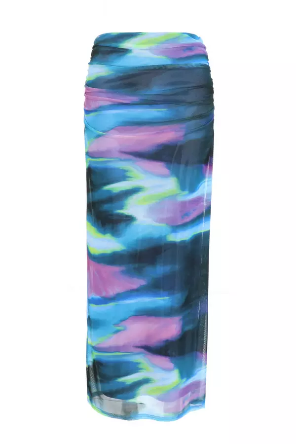 Blue Abstract Print Mesh Maxi Skirt