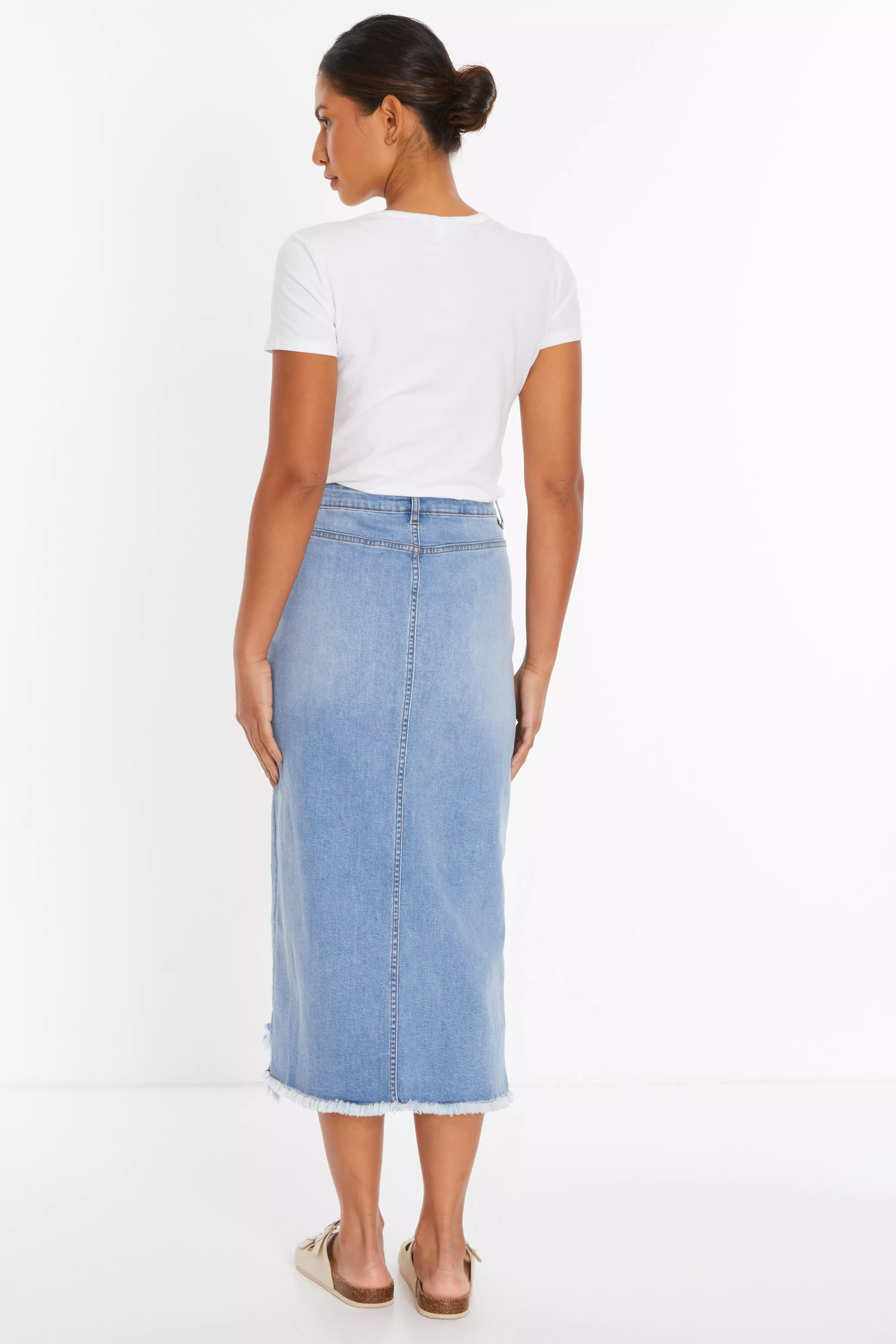 Blue Denim Extreme Rip Midi Skirt