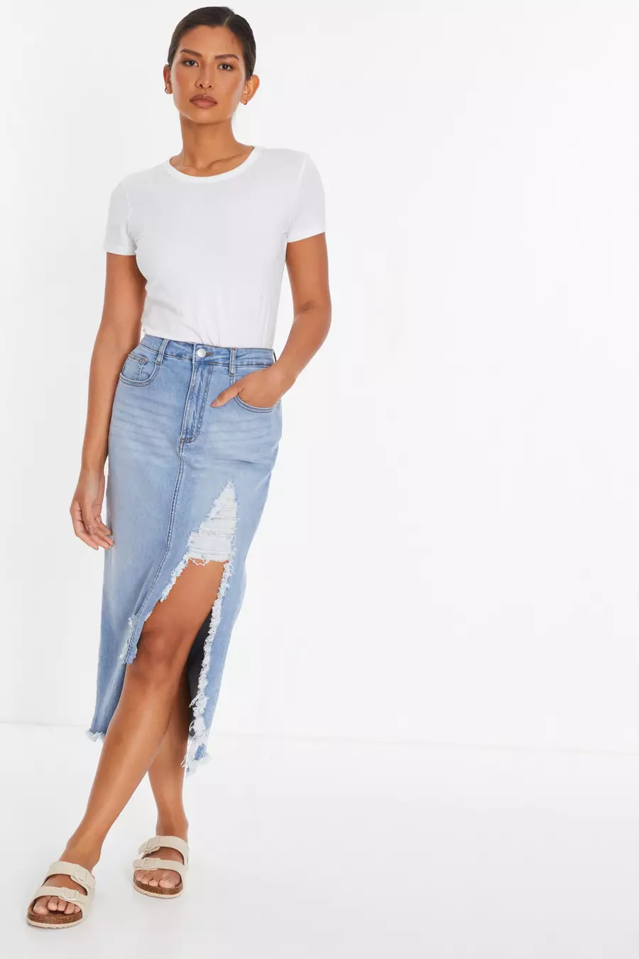 Blue Denim Extreme Rip Midi Skirt QUIZ Clothing