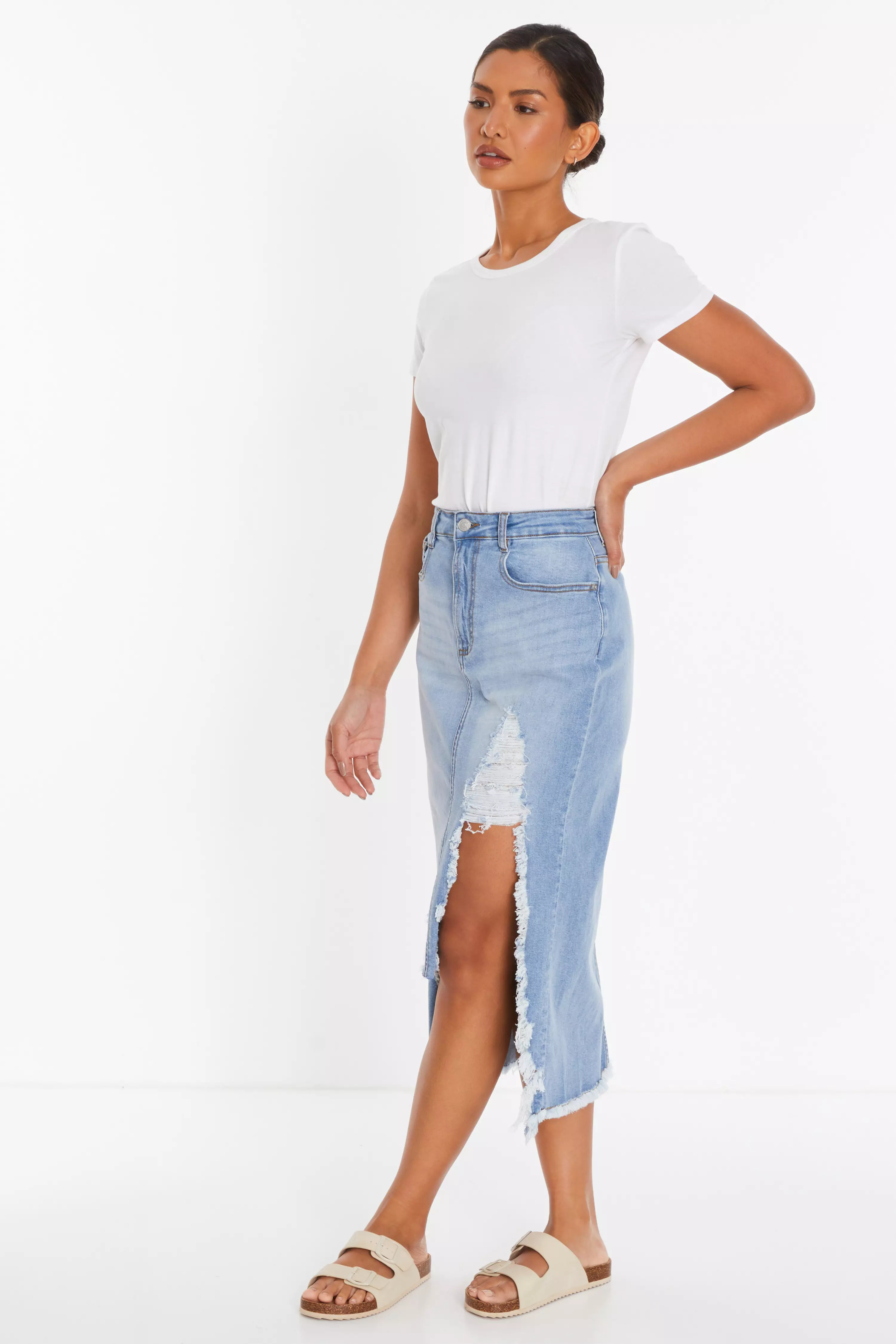 Blue Denim Extreme Rip Midi Skirt