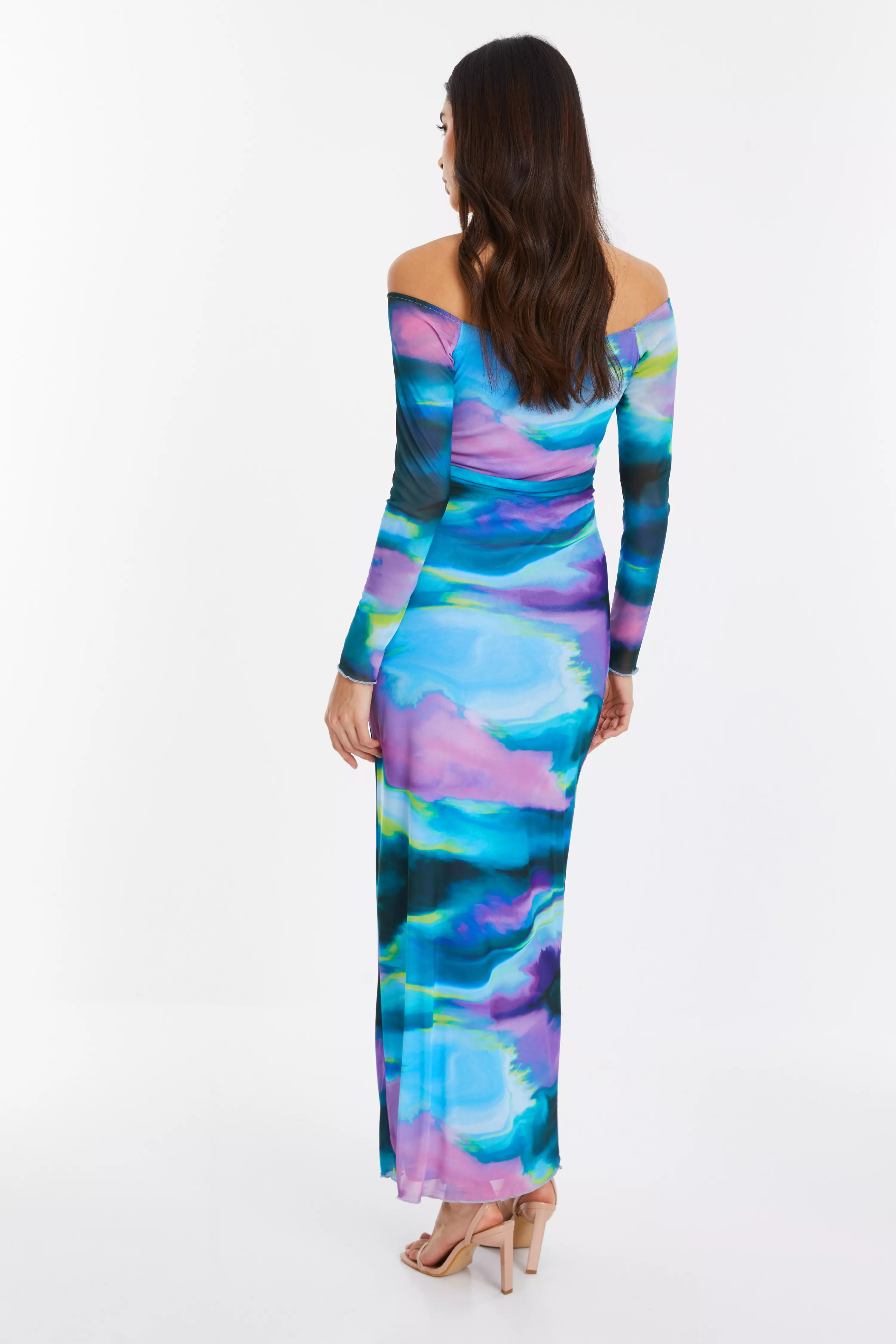 Blue Abstract Print Mesh Midaxi Dress