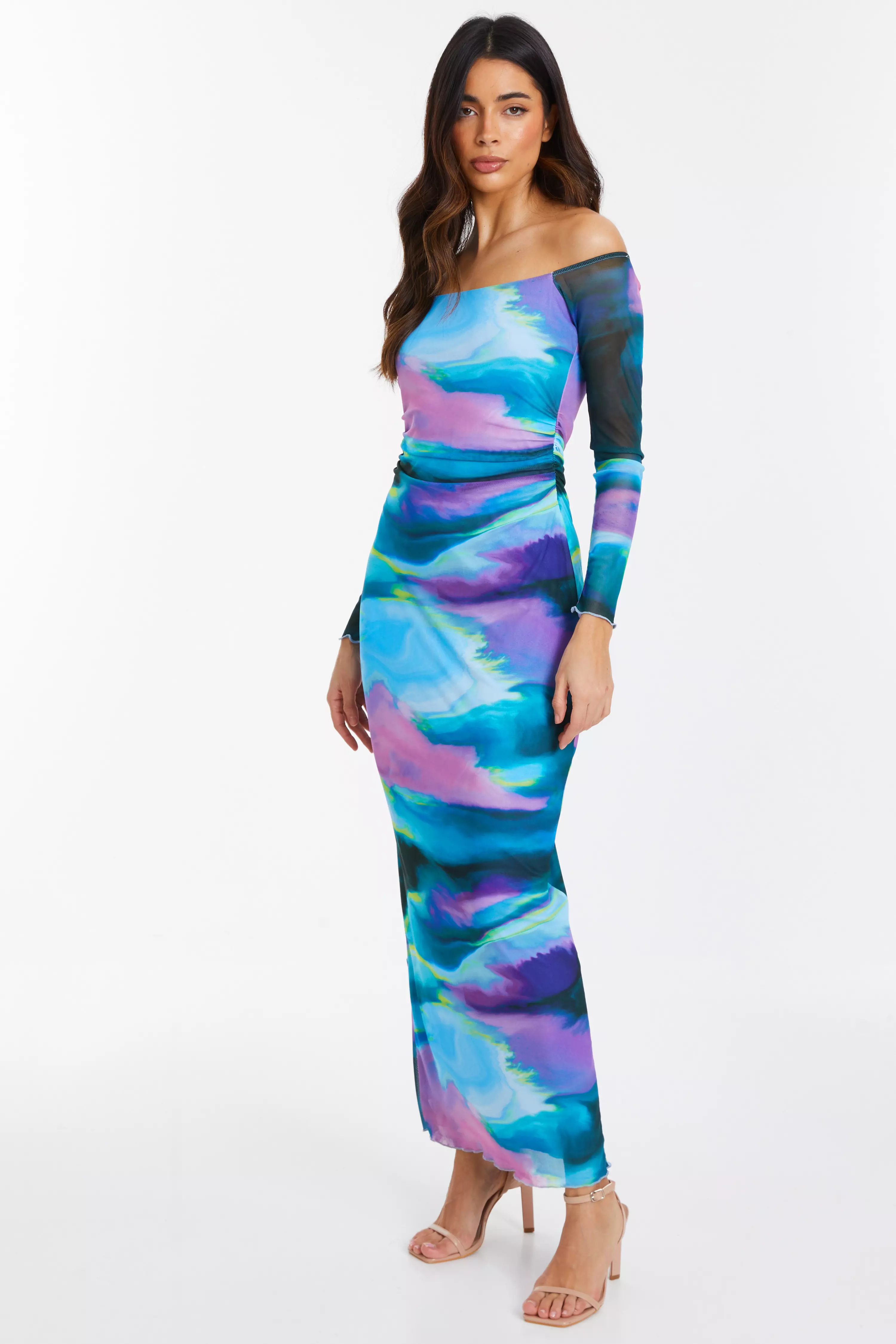 Blue Abstract Print Mesh Midaxi Dress