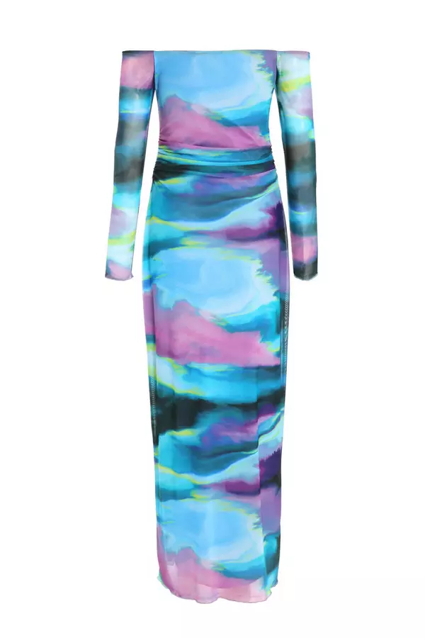 Blue Abstract Print Mesh Midaxi Dress