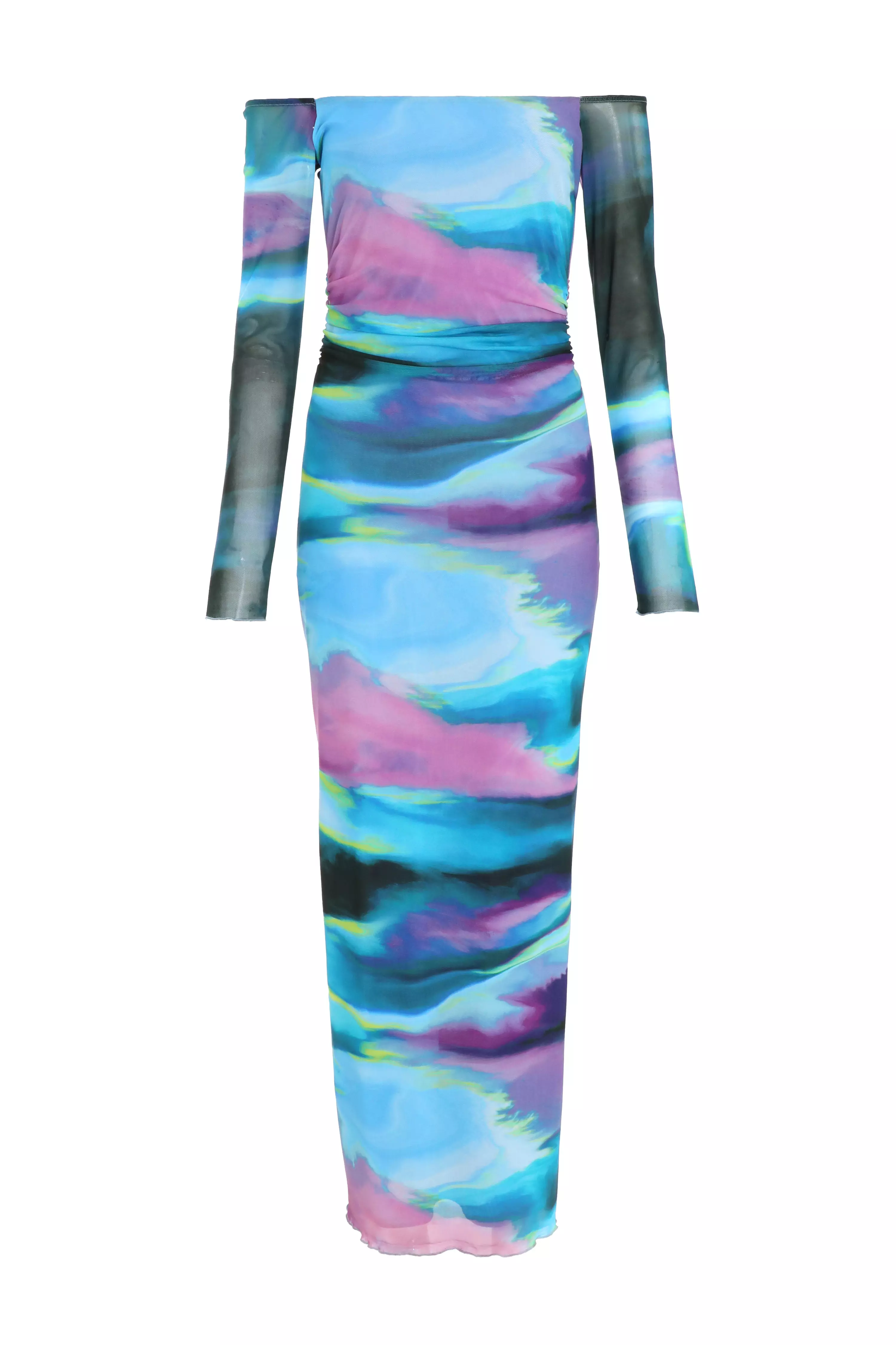 Blue Abstract Print Mesh Midaxi Dress