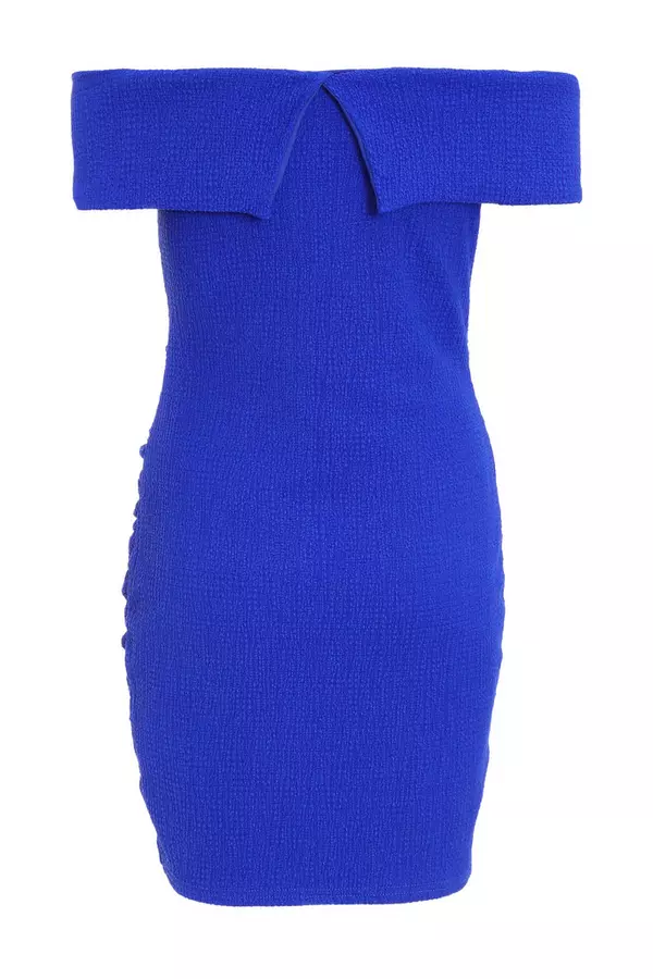 Blue Textured Bardot Bodycon Mini Dress