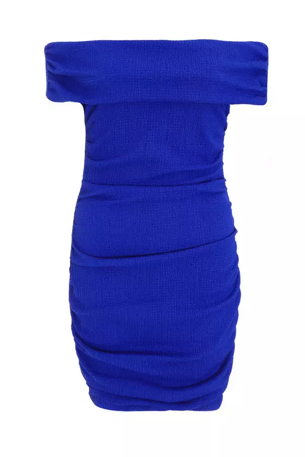 Blue Textured Bardot Bodycon Mini Dress