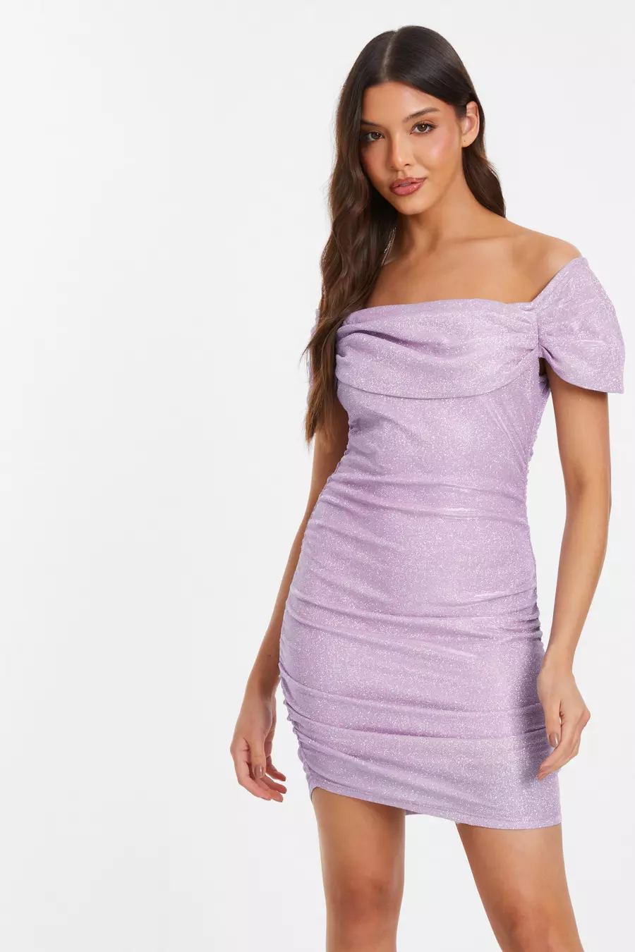 Lilac Glitter Bardot Bodycon Mini Dress QUIZ Clothing